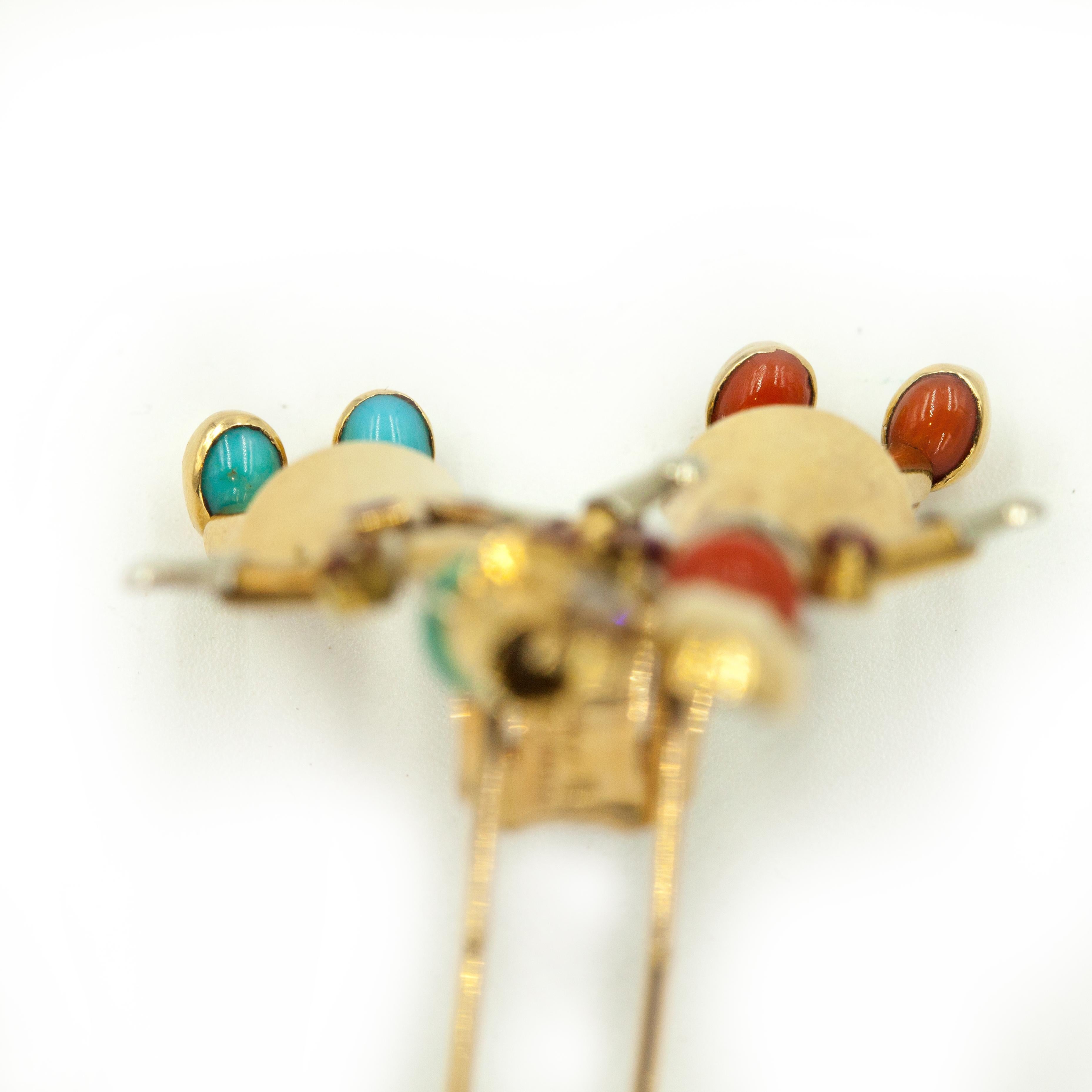 French Yaeche Freres 18K Yellow Gold Diamond Coral Turquoise Fur Clip In Excellent Condition For Sale In New York, NY