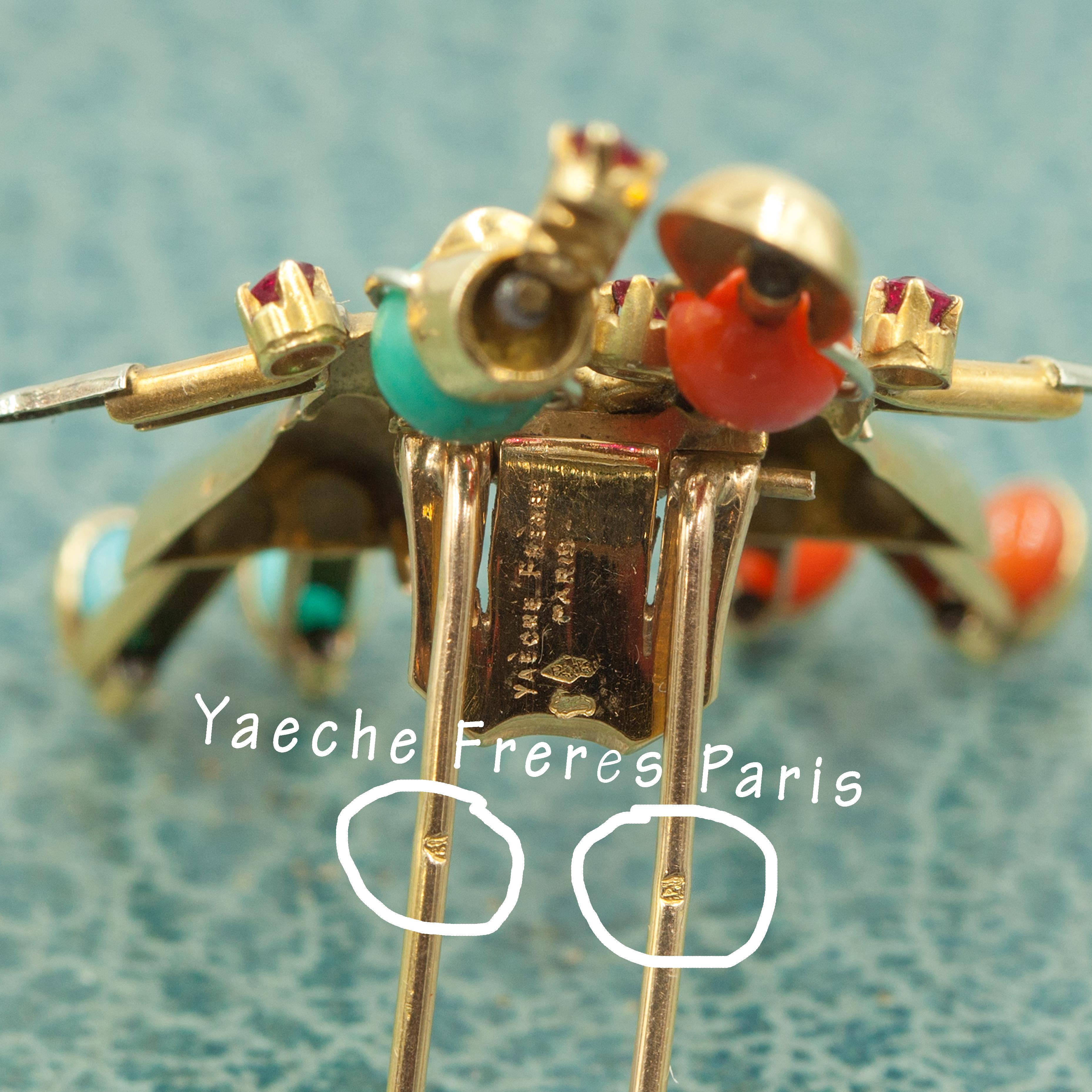 French Yaeche Freres 18K Yellow Gold Diamond Coral Turquoise Fur Clip For Sale 8