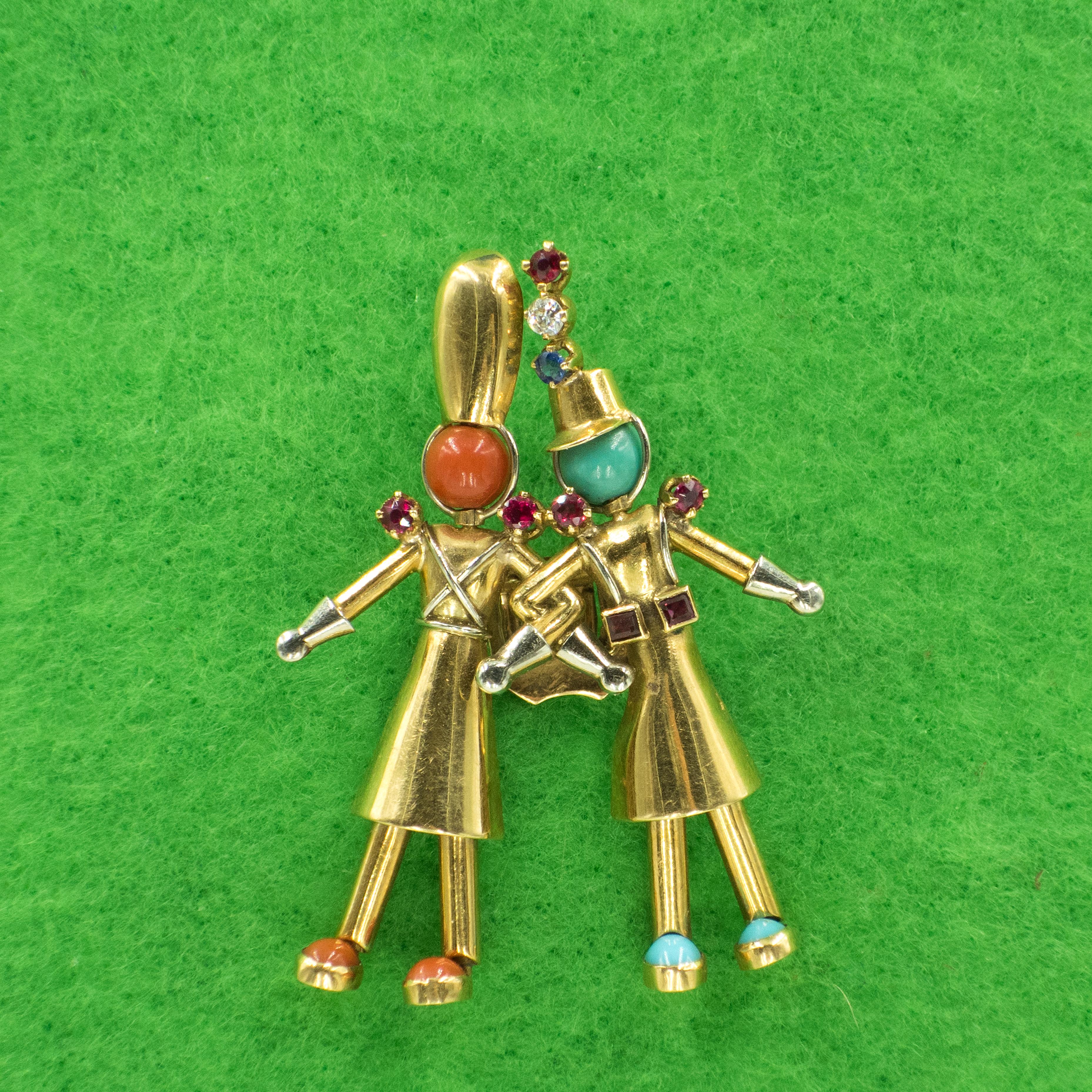 French Yaeche Freres 18K Yellow Gold Diamond Coral Turquoise Fur Clip For Sale 3