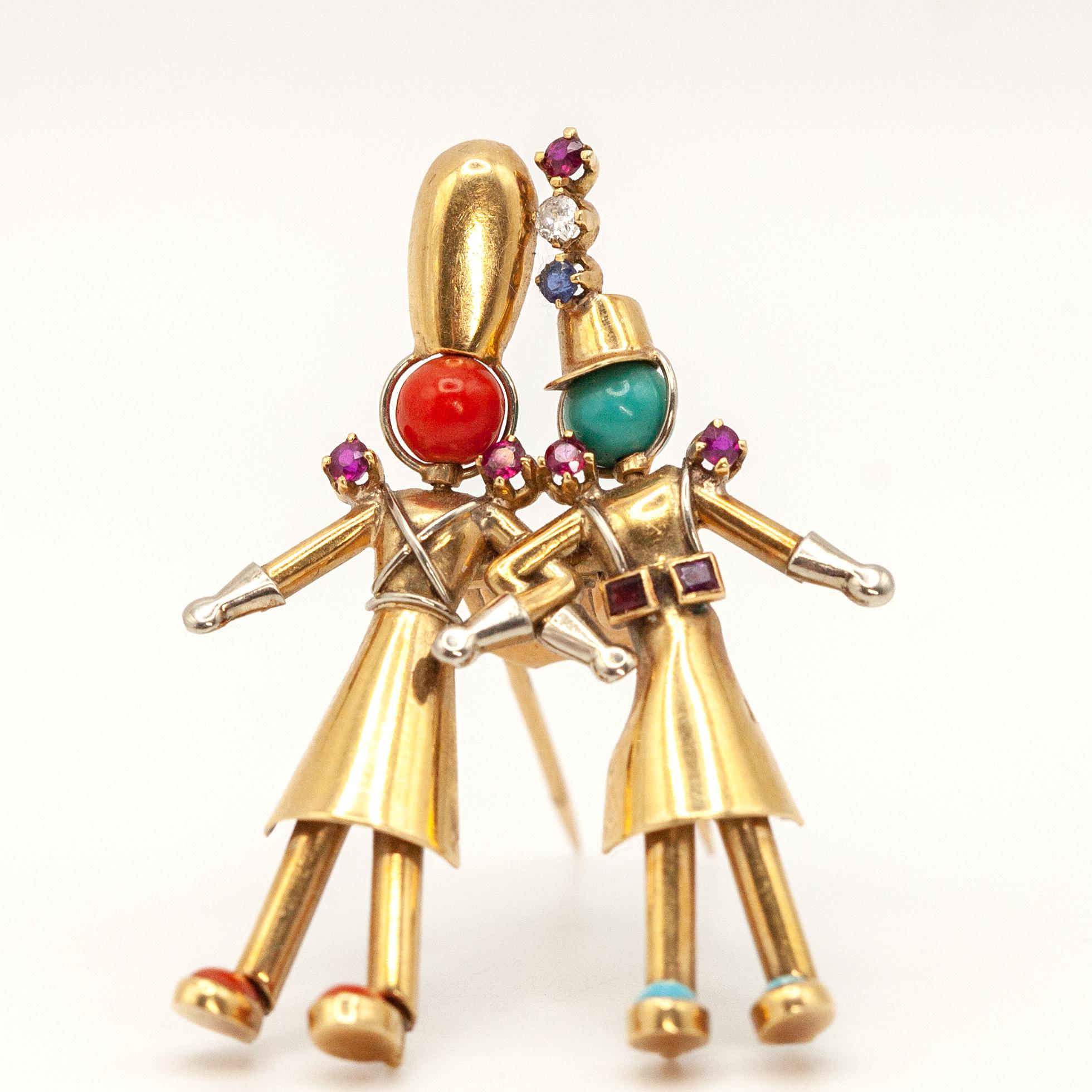 French Yaeche Freres 18K Yellow Gold Diamond Coral Turquoise Fur Clip For Sale 2