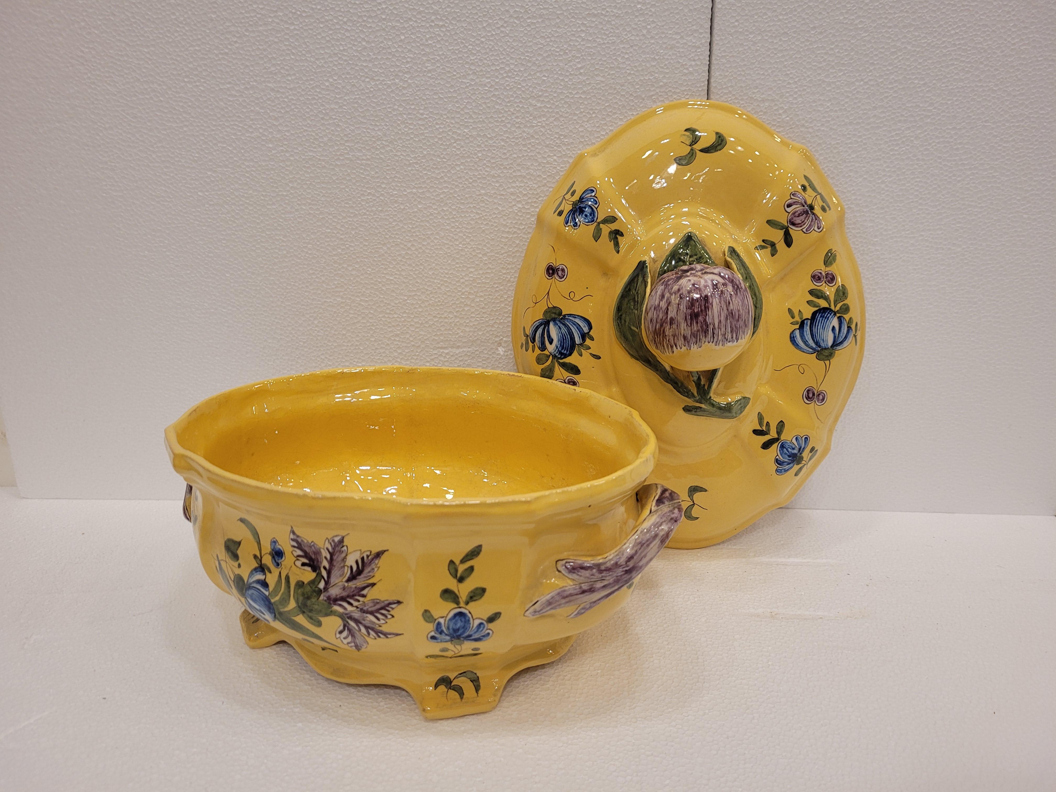 French Yellow and blue Ceramic Tureen or centrepiece Montpellier 9