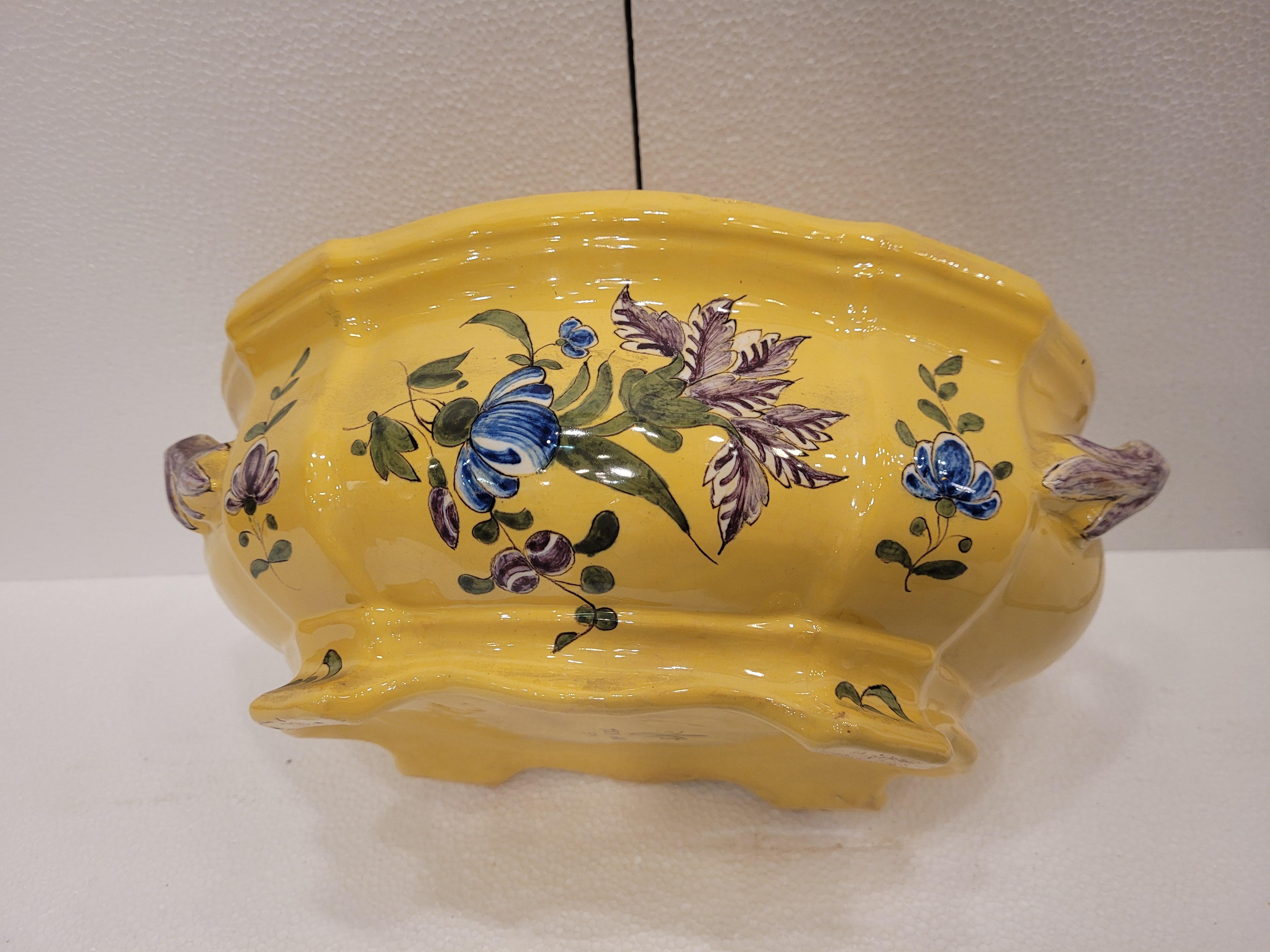 French Yellow and blue Ceramic Tureen or centrepiece Montpellier 14