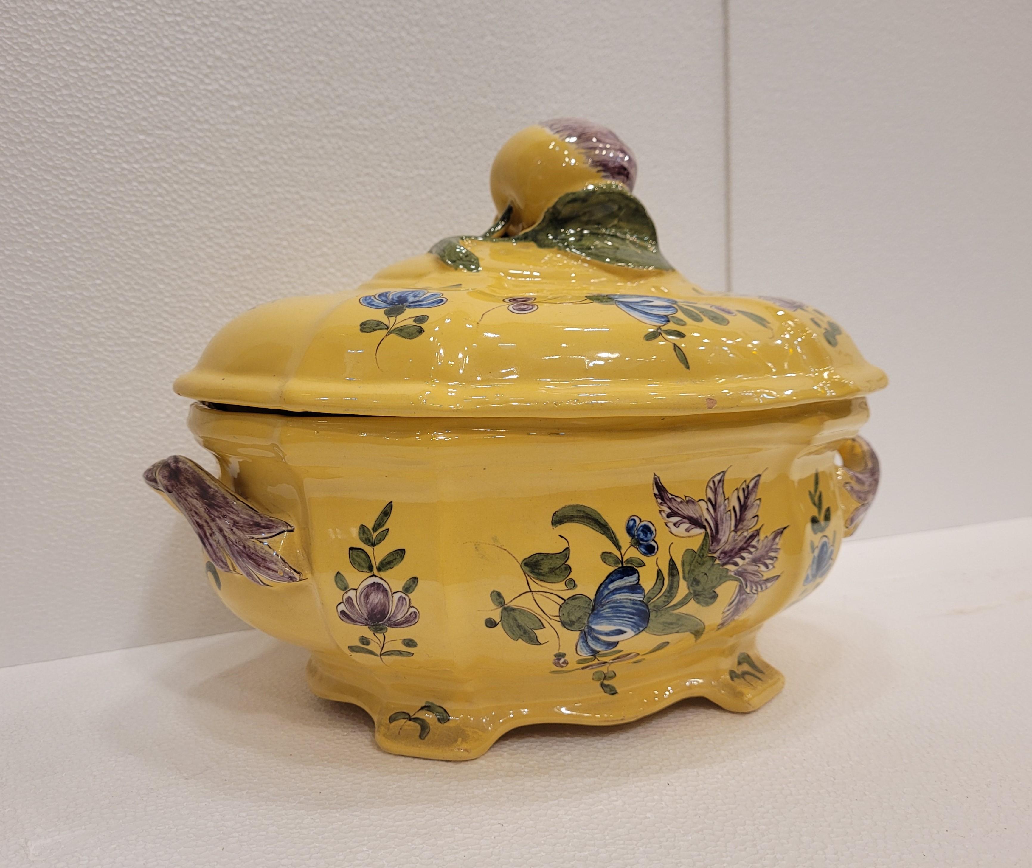 Women's or Men's French Yellow and blue Ceramic Tureen or centrepiece Montpellier