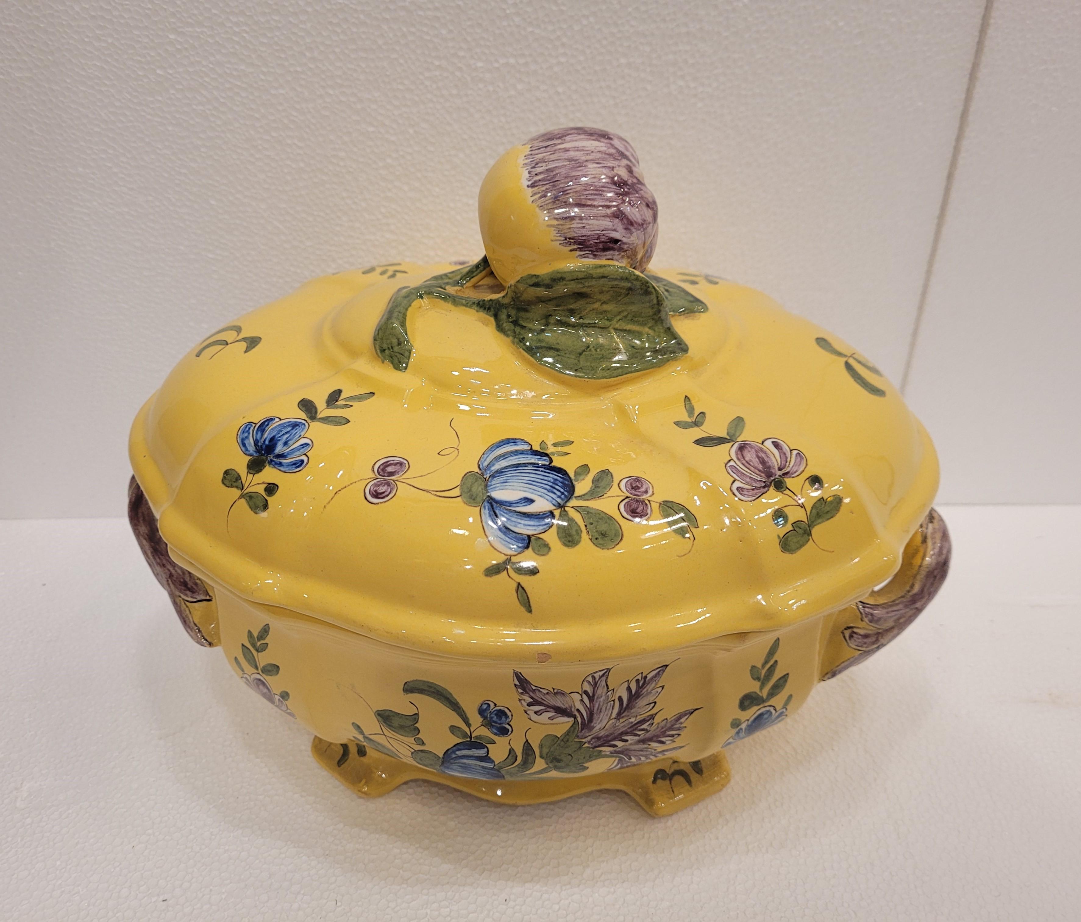 French Yellow and blue Ceramic Tureen or centrepiece Montpellier 1