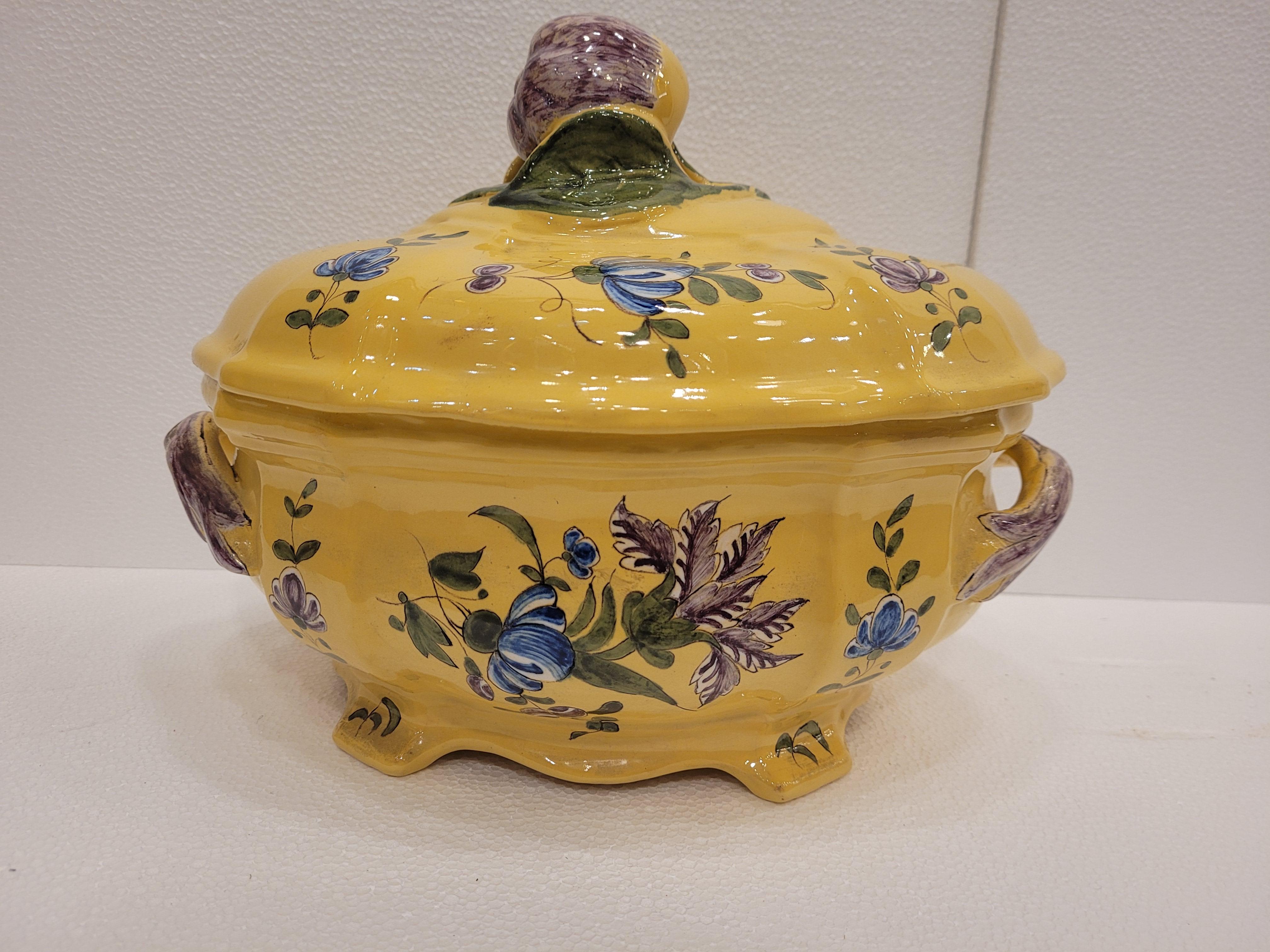 French Yellow and blue Ceramic Tureen or centrepiece Montpellier 5