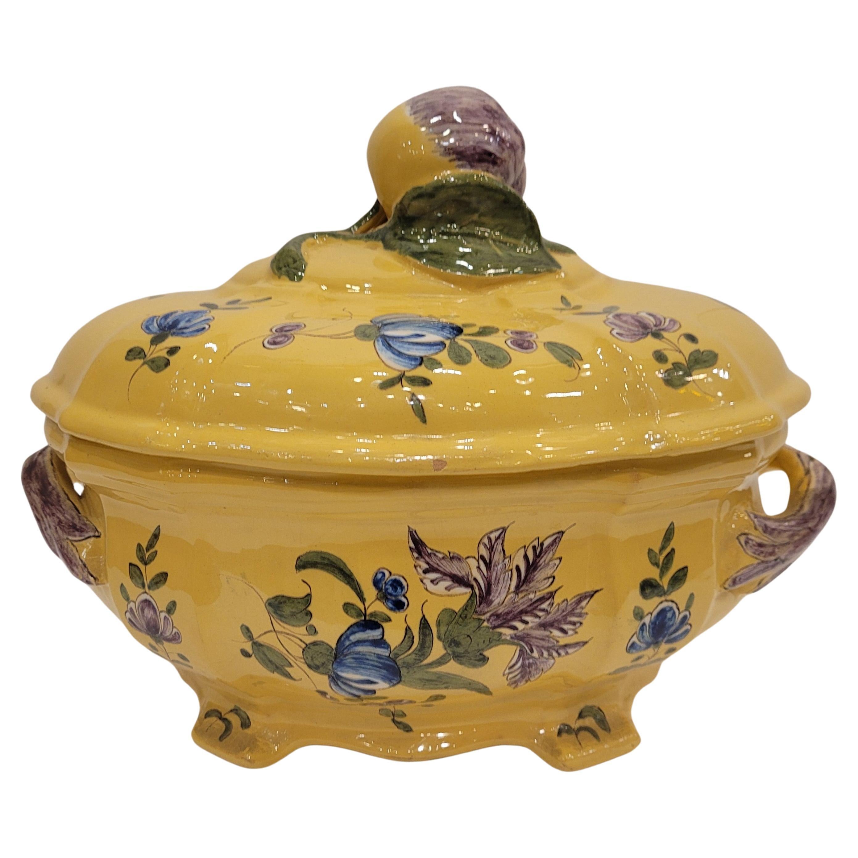 French Yellow and blue Ceramic Tureen or centrepiece Montpellier For Sale