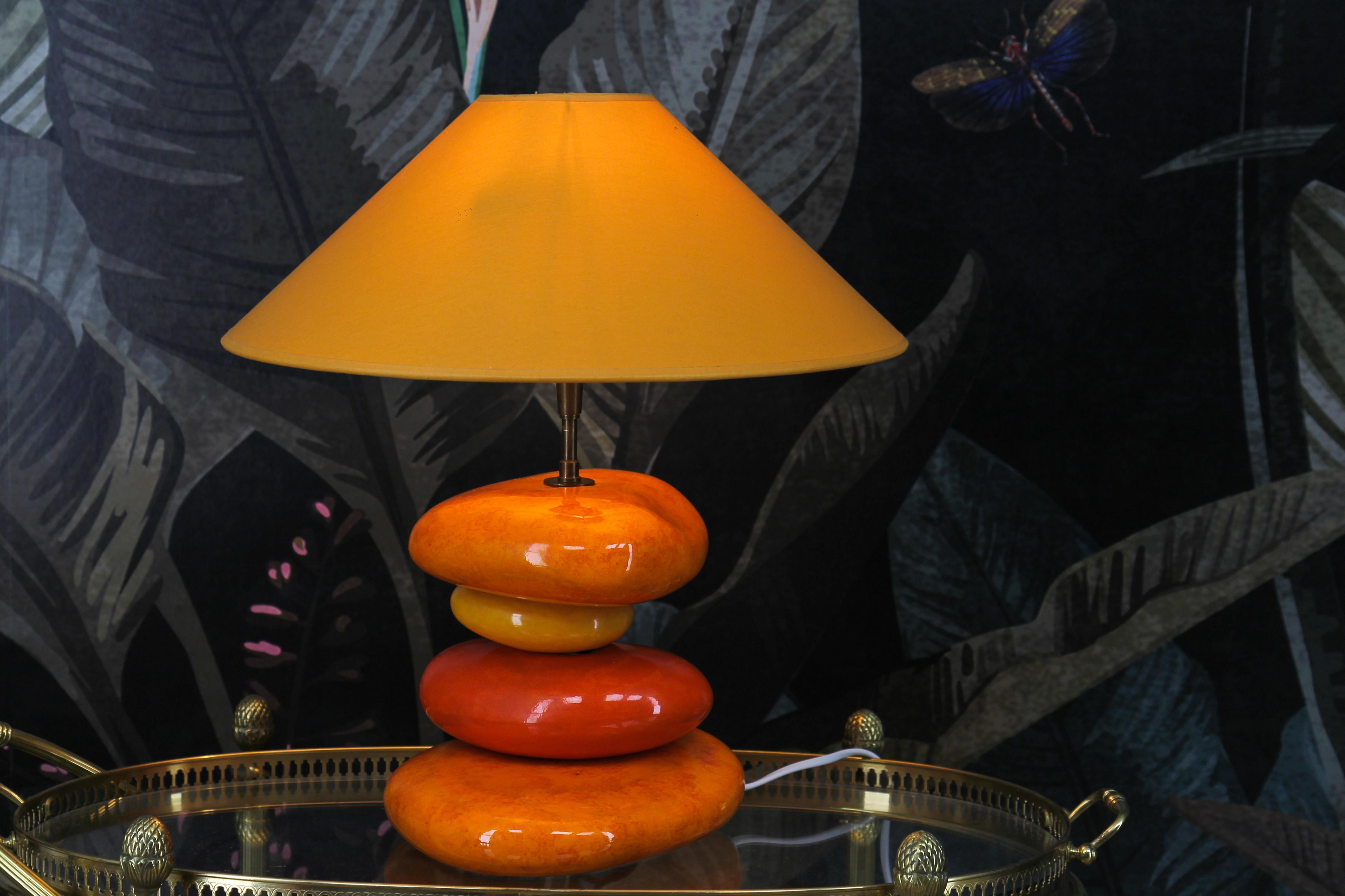 Brass French Yellow and Orange Glazed Ceramic Table Lamp by François Châtain For Sale