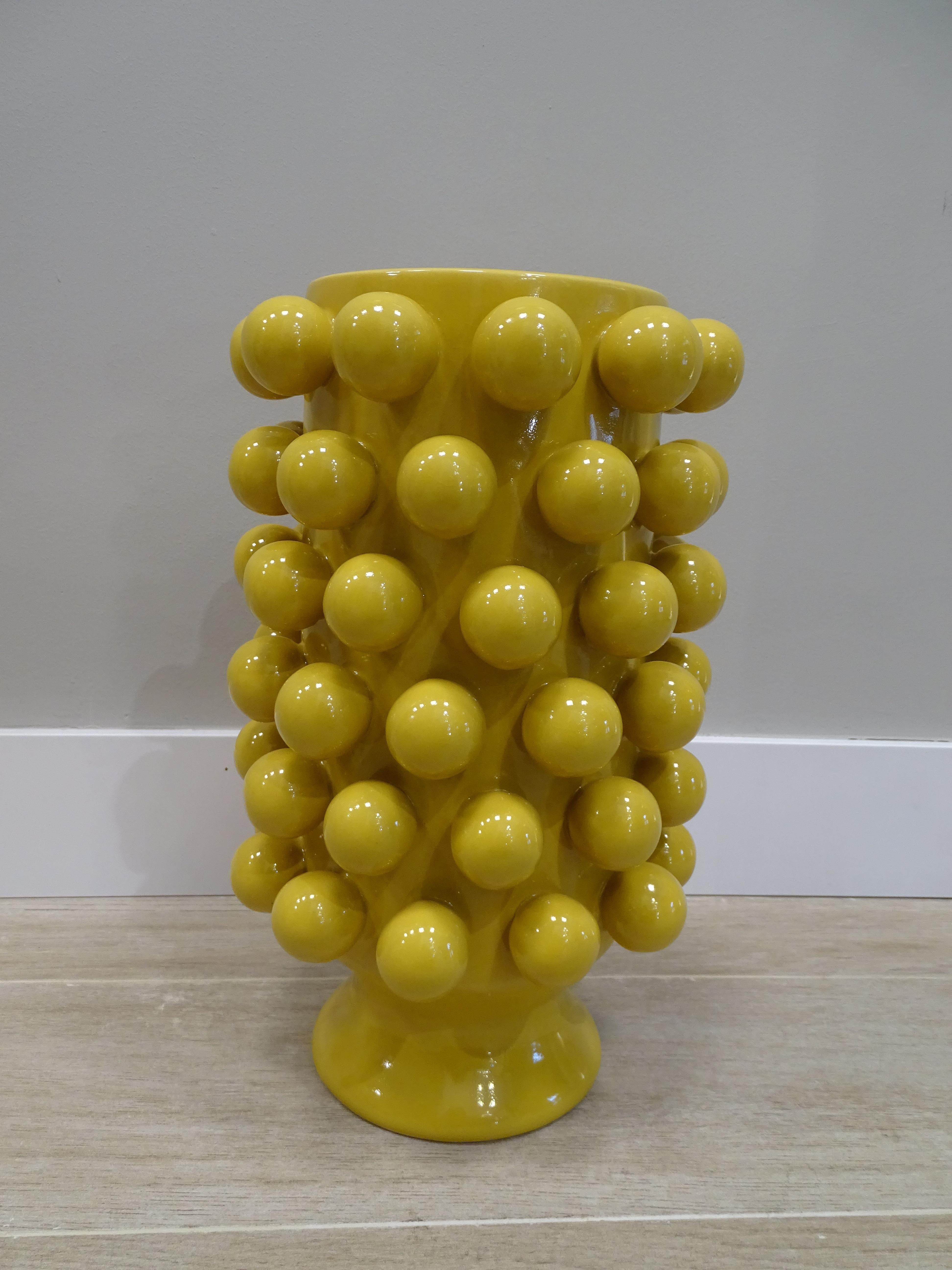Modern French Yellow Ceramic Vase with Balls After Lalique