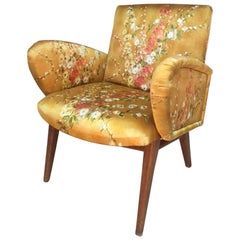French Yellow Floral Fabric Armchair Fully Upholstered, 1960s