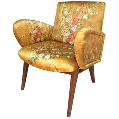 French Yellow Floral Fabric Armchair Fully Upholstered, 1960s