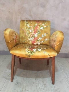 French Yellow Floral Fabric Armchair Fully Upholstered, 1960s