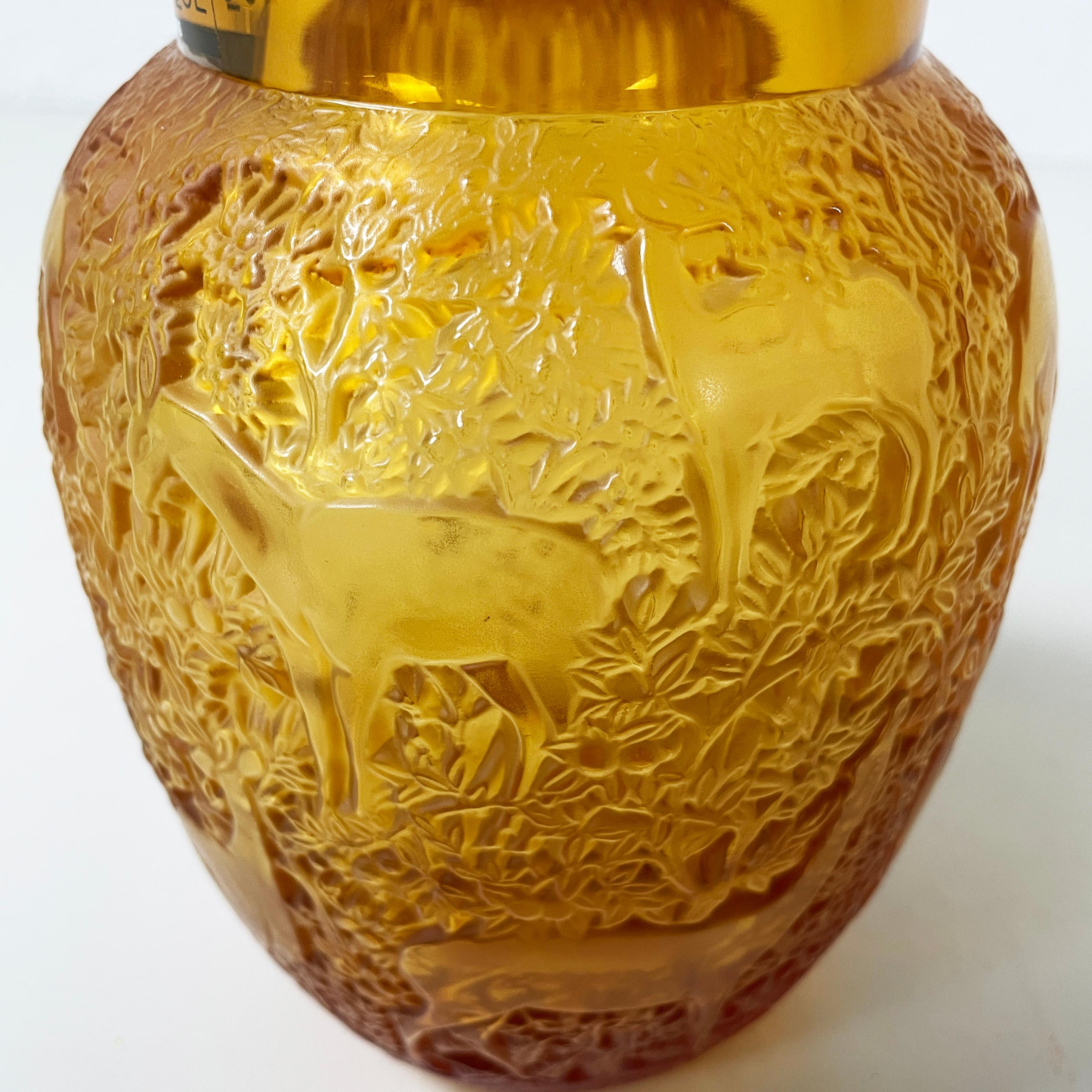 French Yellow glass vase with relief of deer and wood by Lalique, 1900-1990s 4