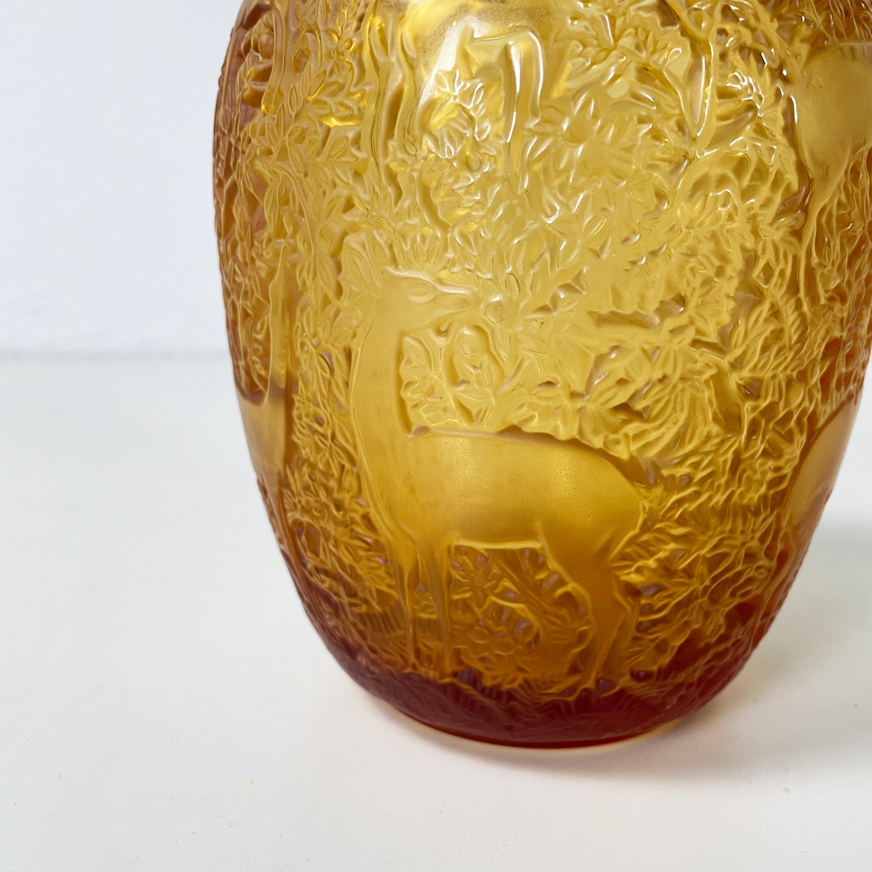 French Yellow glass vase with relief of deer and wood by Lalique, 1900-1990s 5