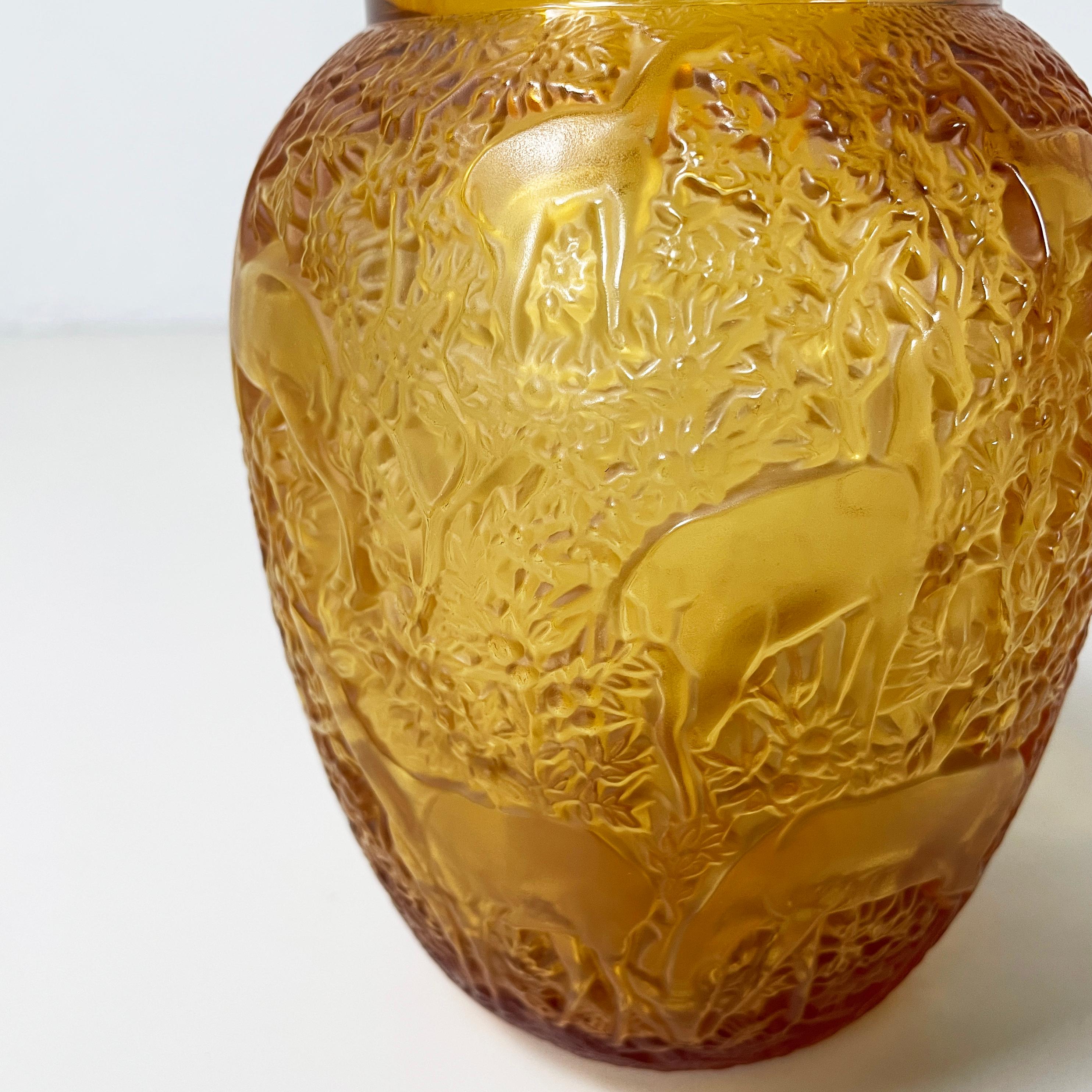 French Yellow glass vase with relief of deer and wood by Lalique, 1900-1990s 6