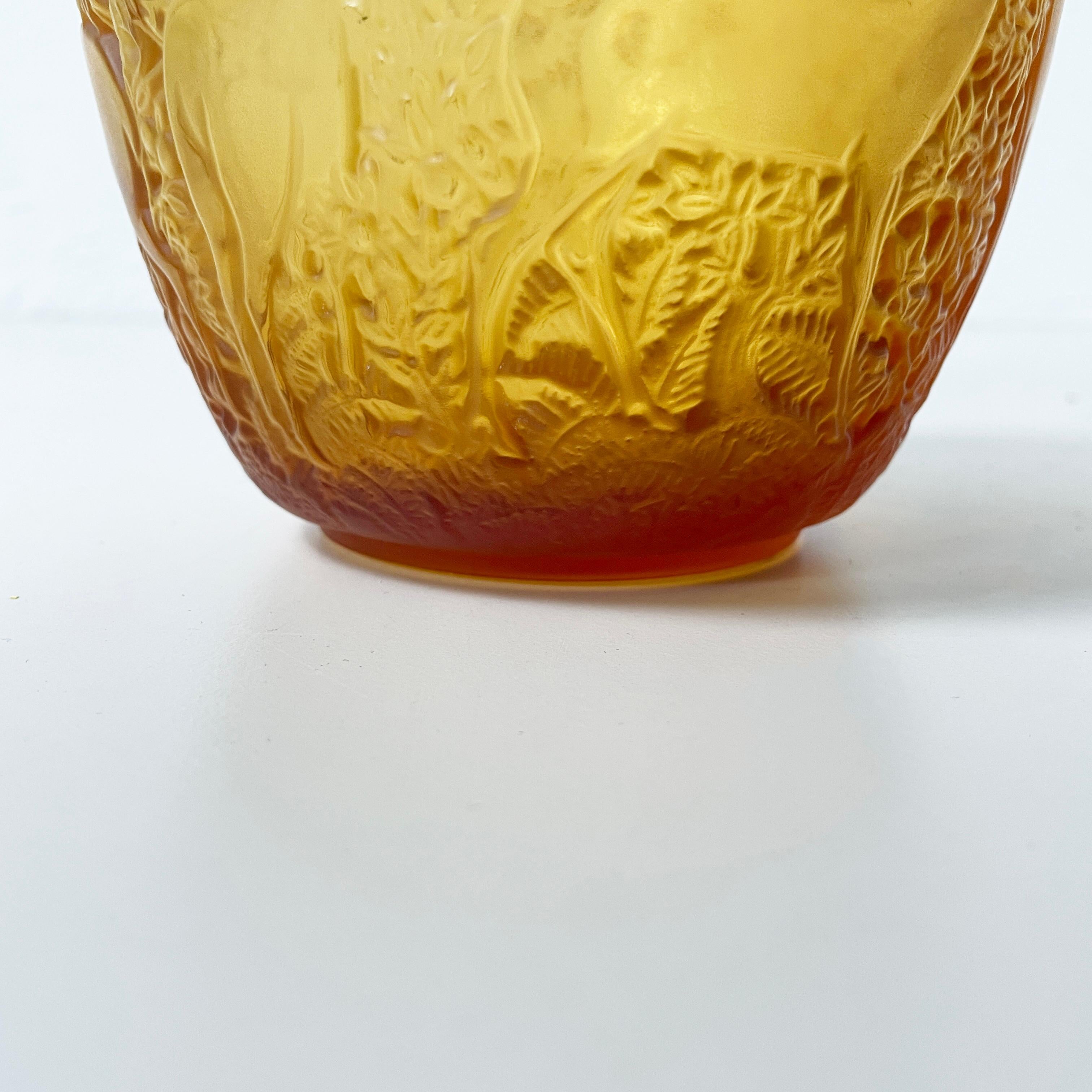 French Yellow glass vase with relief of deer and wood by Lalique, 1900-1990s 7