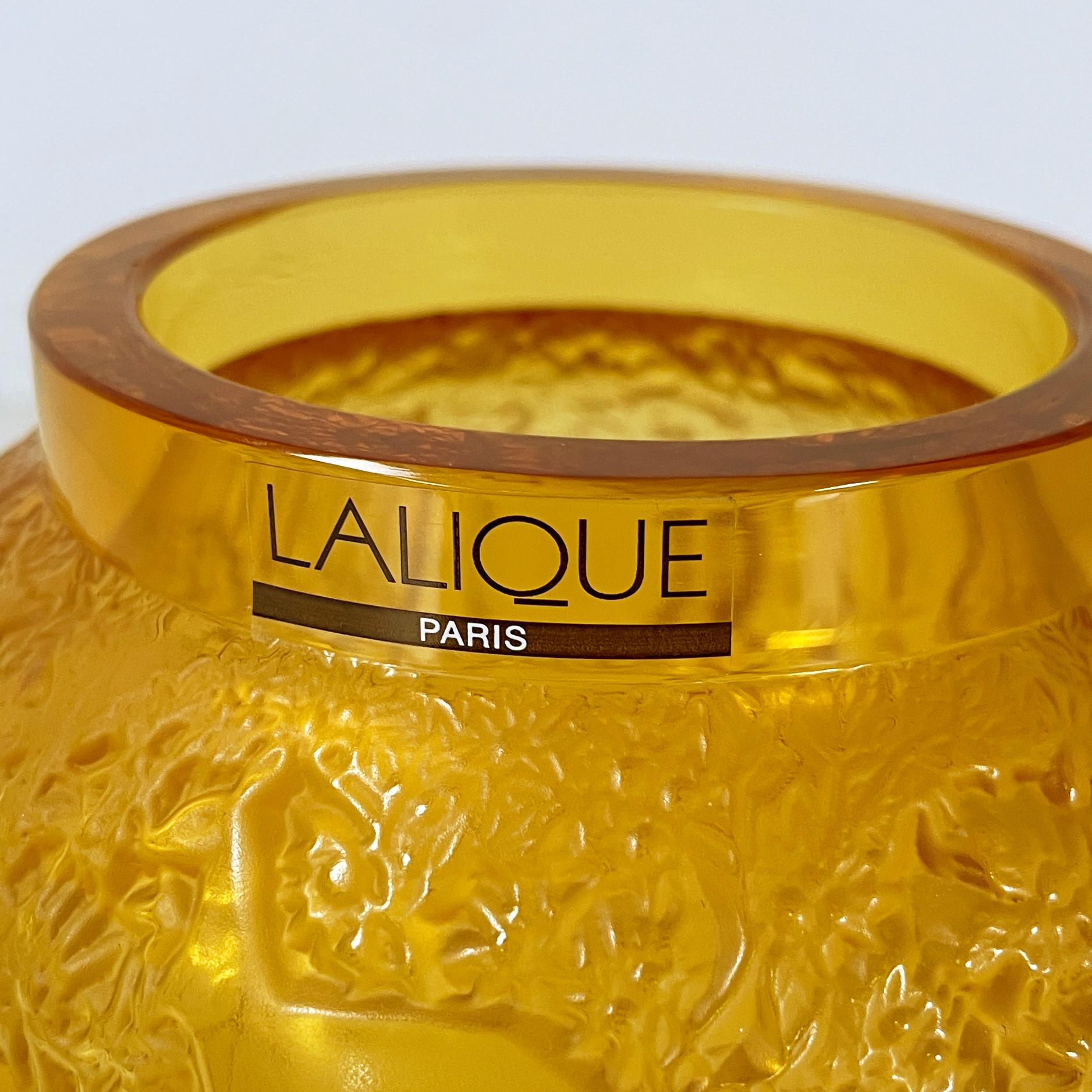 French Yellow glass vase with relief of deer and wood by Lalique, 1900-1990s 8