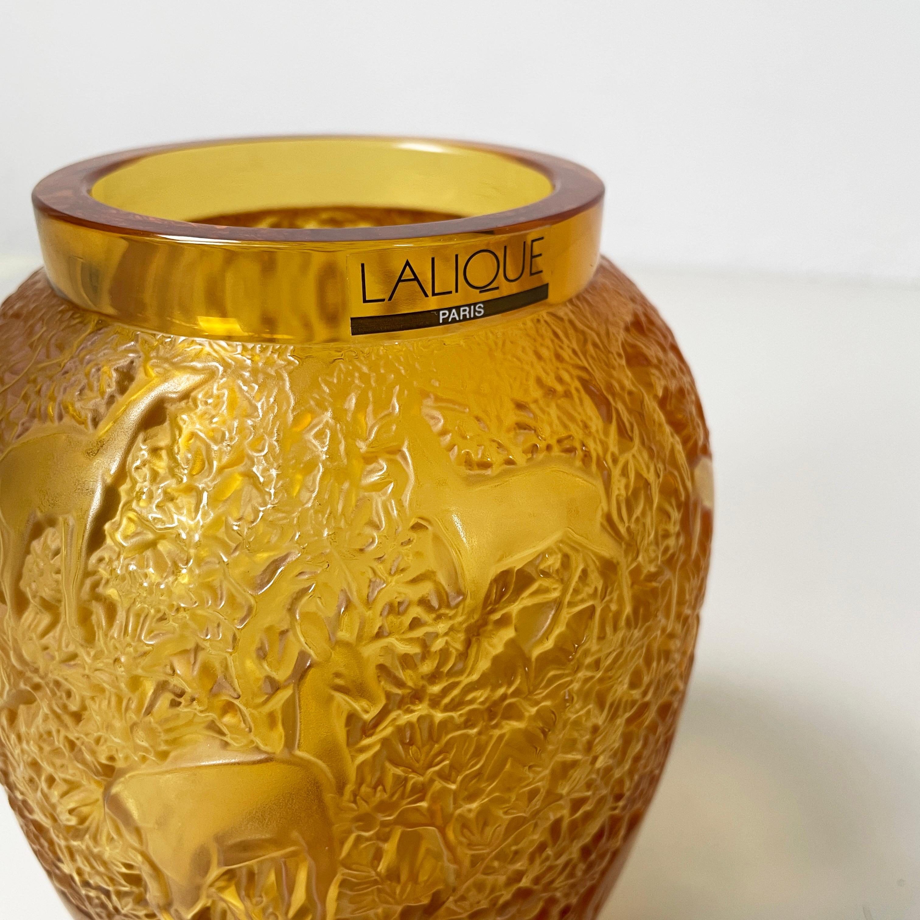 20th Century French Yellow glass vase with relief of deer and wood by Lalique, 1900-1990s