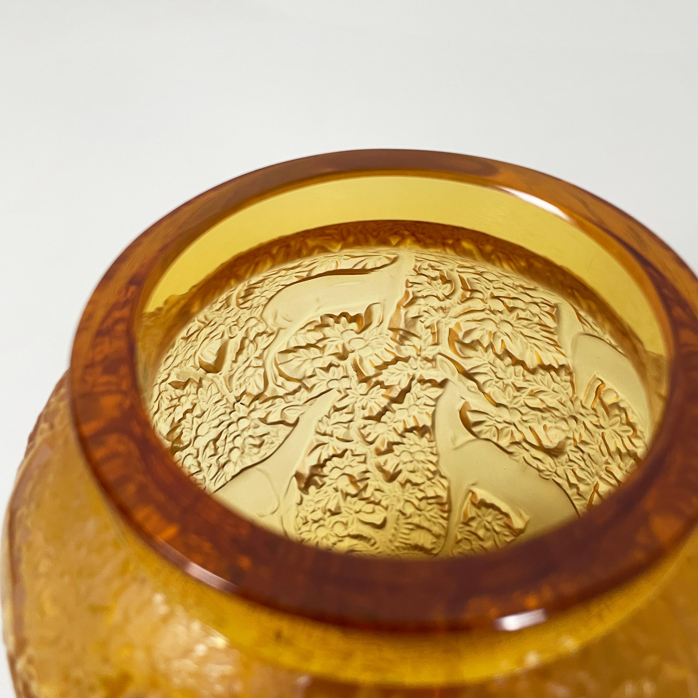 French Yellow glass vase with relief of deer and wood by Lalique, 1900-1990s 2