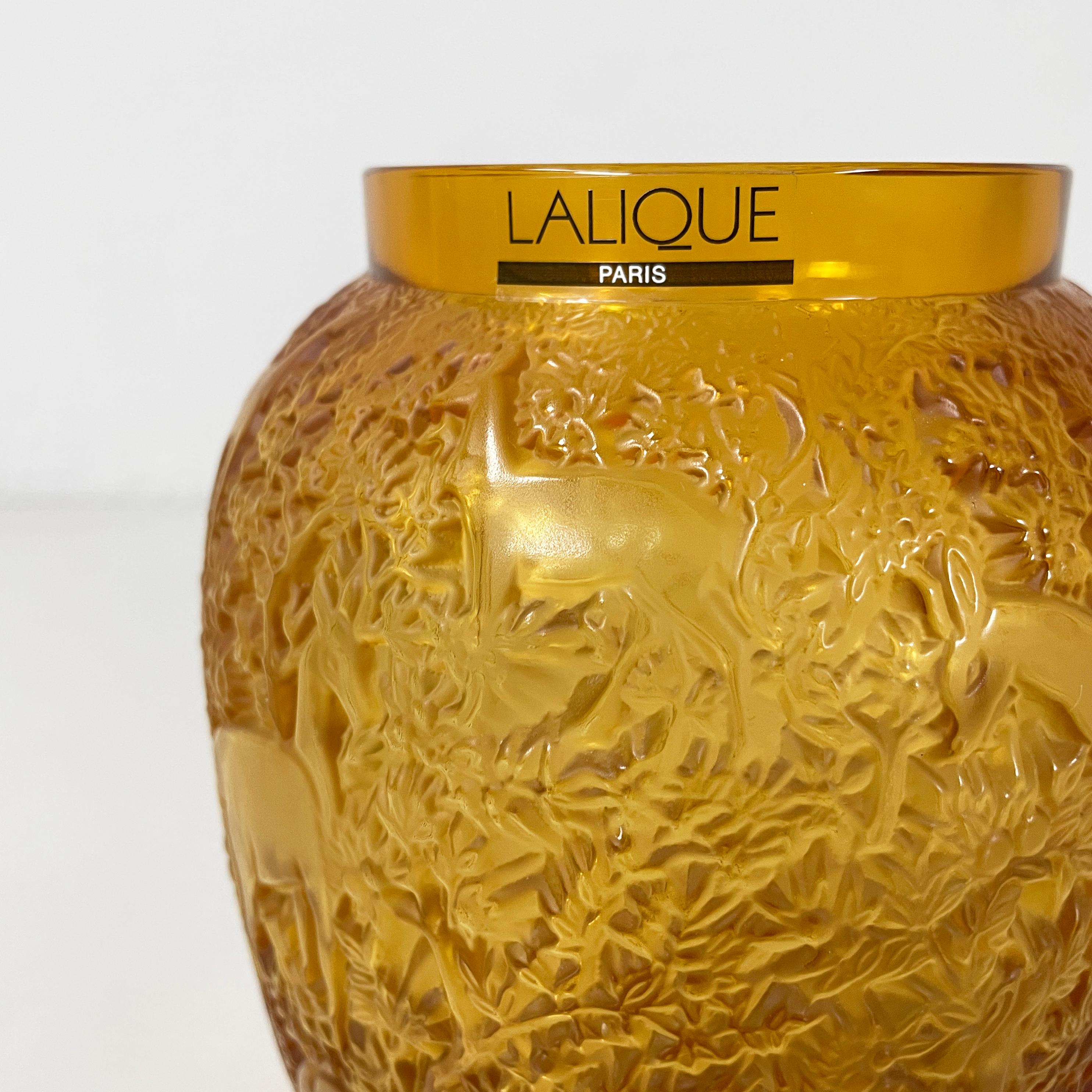 French Yellow glass vase with relief of deer and wood by Lalique, 1900-1990s 3