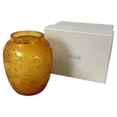 French Yellow glass vase with relief of deer and wood by Lalique, 1900-1990s