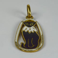 French Yellow Gold Black White Enamel Cat Charm Pendant