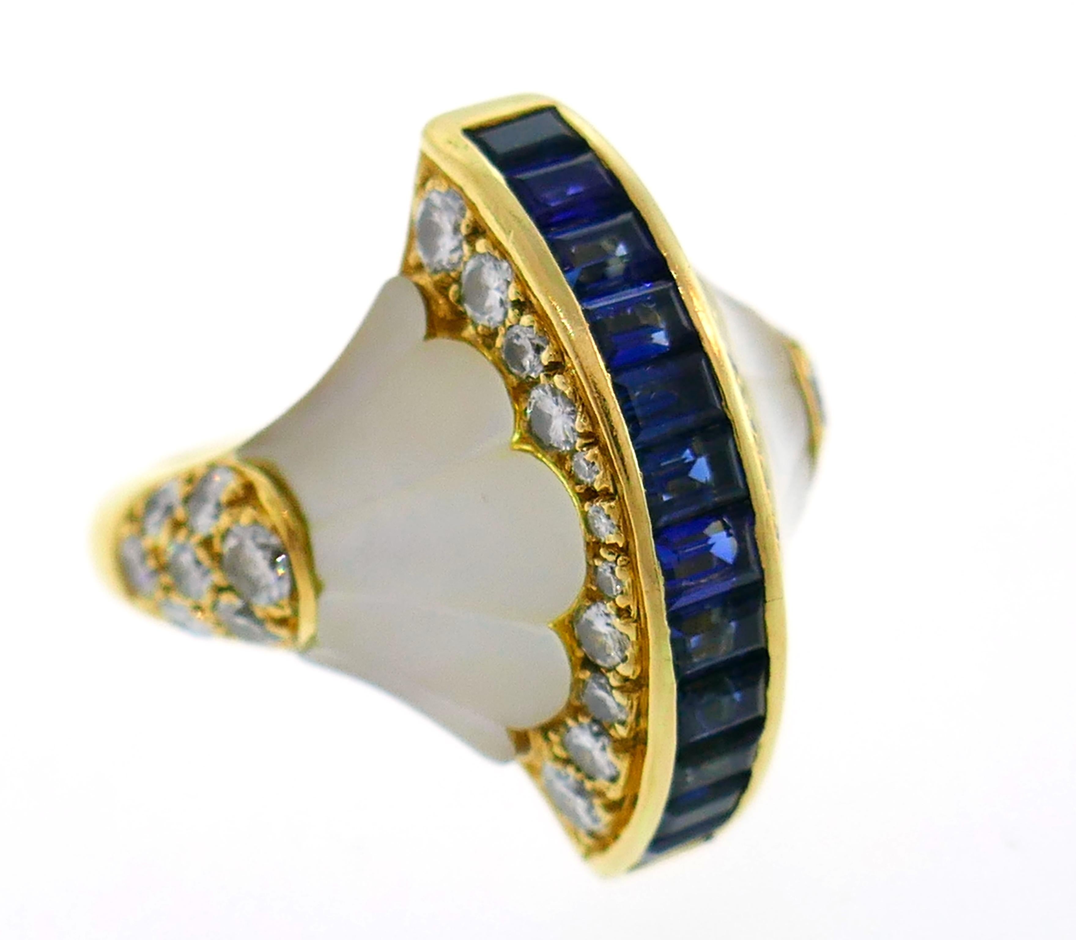 Mixed Cut French Yellow Gold Cocktail Ring with Diamond Sapphire Mother of Pearl