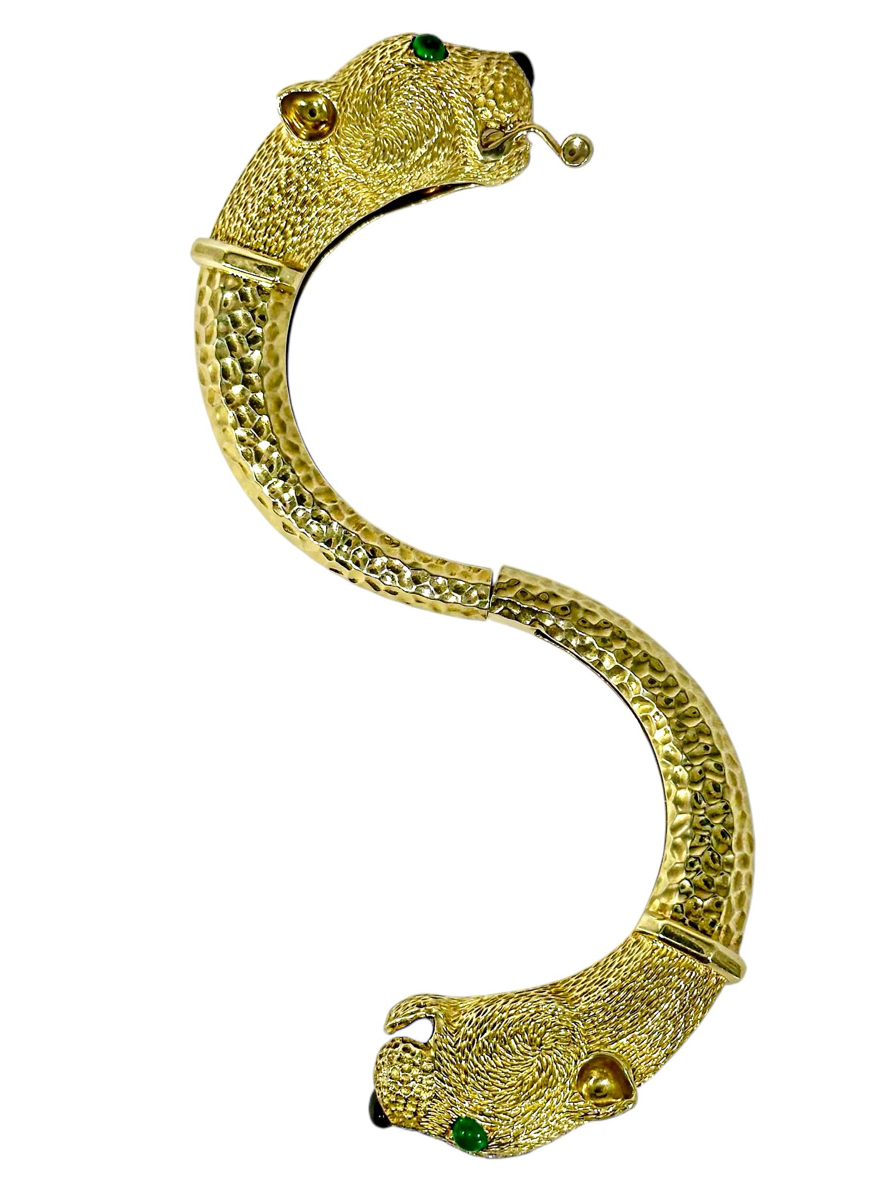 French Yellow Gold & Diamond Big Cat Double Head Cuff Bracelet With Emerald Eyes For Sale 4