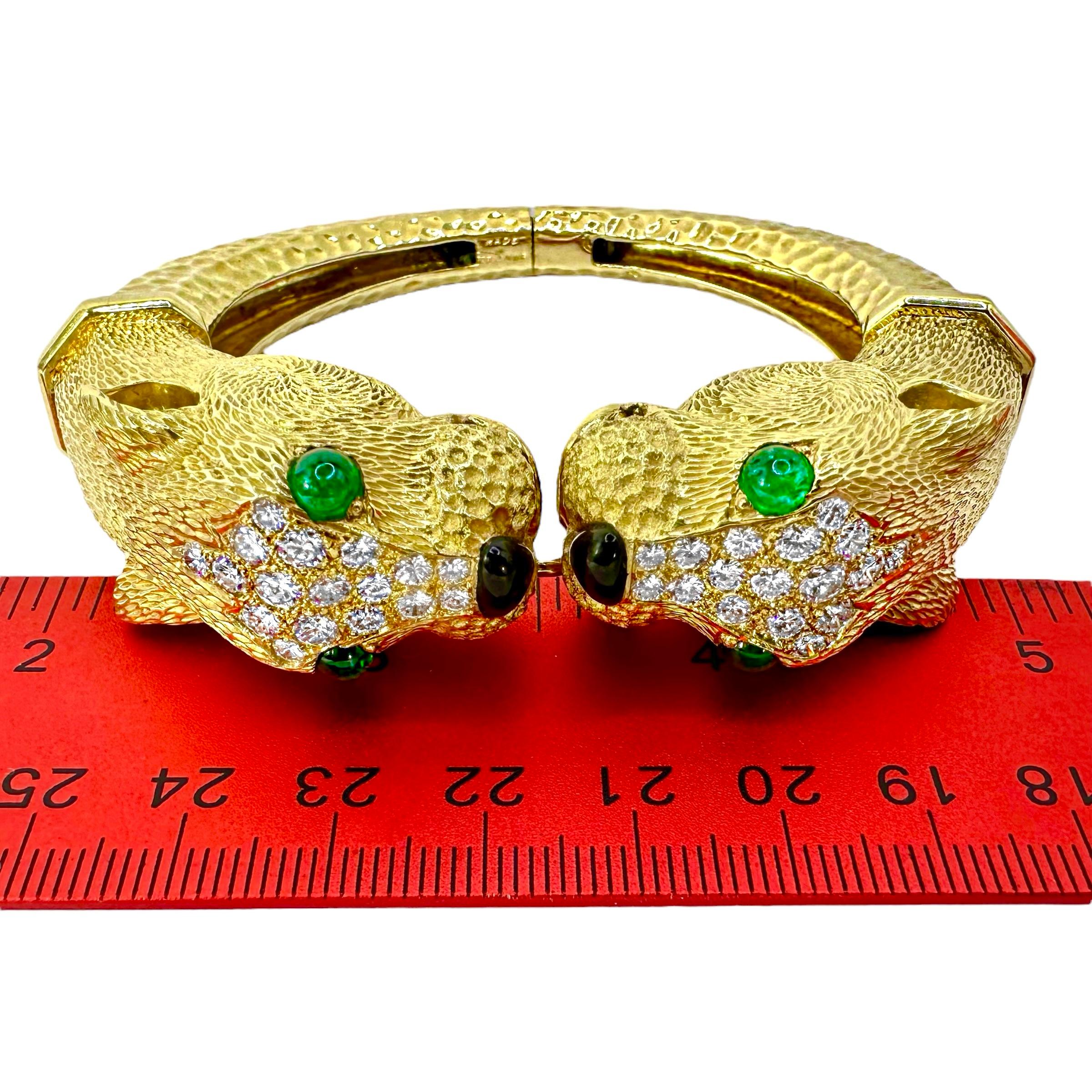 French Yellow Gold & Diamond Big Cat Double Head Cuff Bracelet With Emerald Eyes For Sale 5