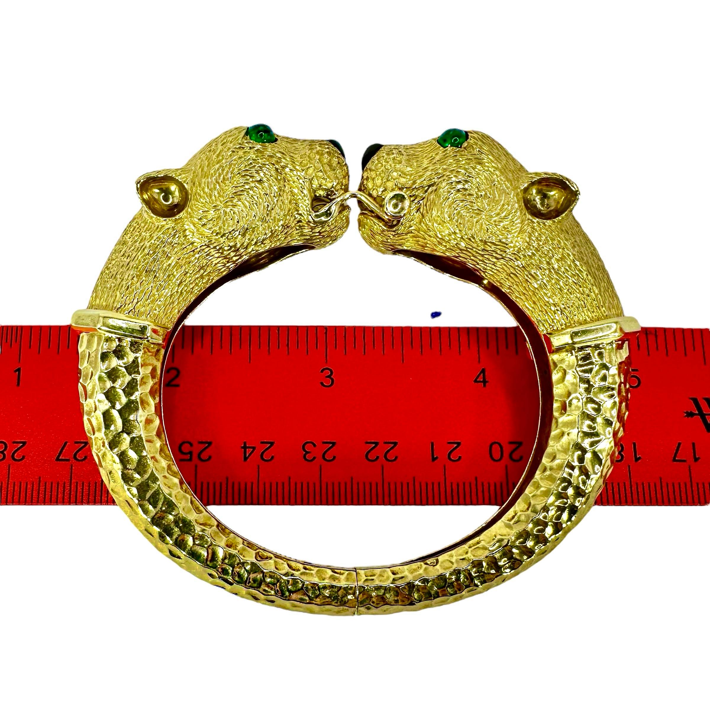 French Yellow Gold & Diamond Big Cat Double Head Cuff Bracelet With Emerald Eyes For Sale 7