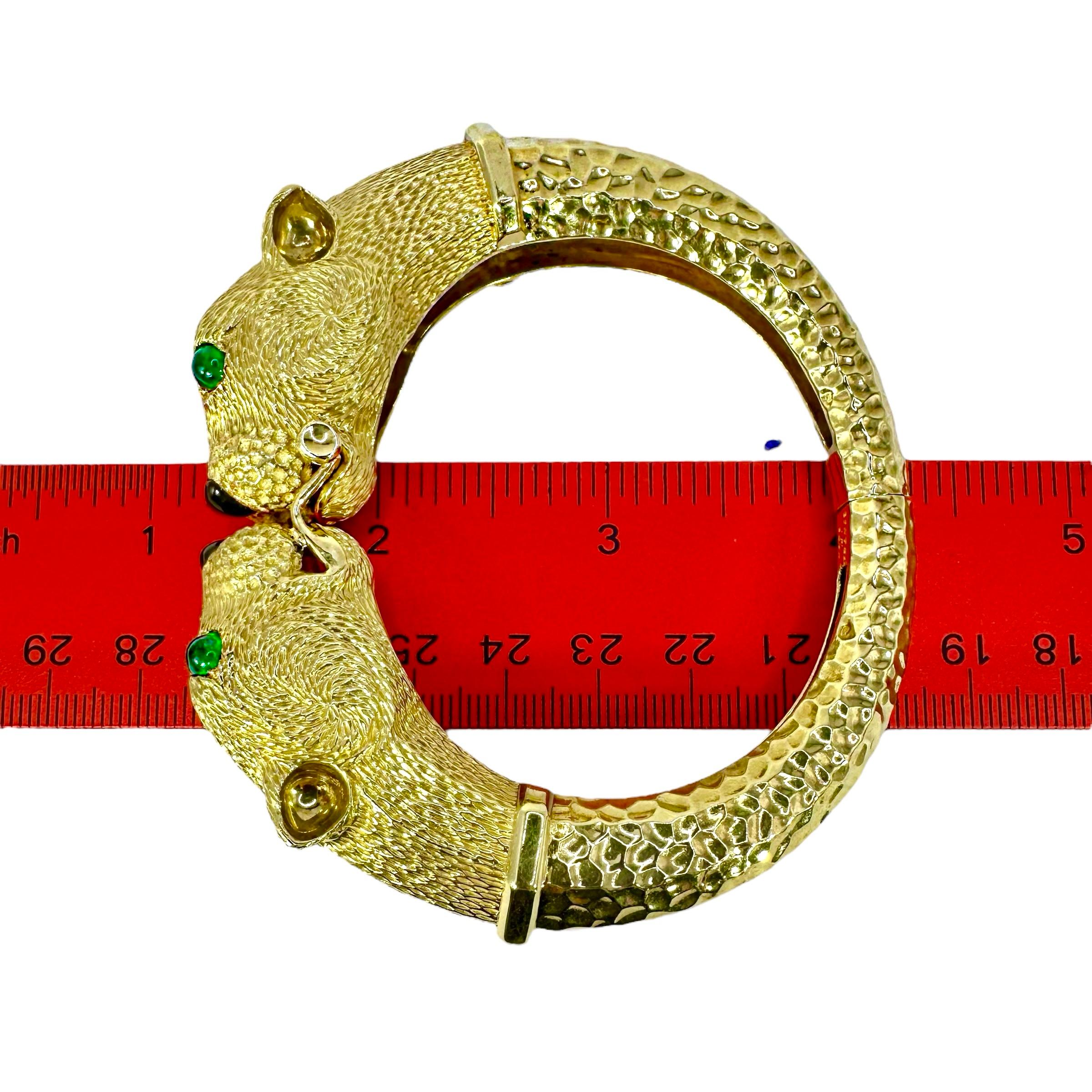 French Yellow Gold & Diamond Big Cat Double Head Cuff Bracelet With Emerald Eyes For Sale 8