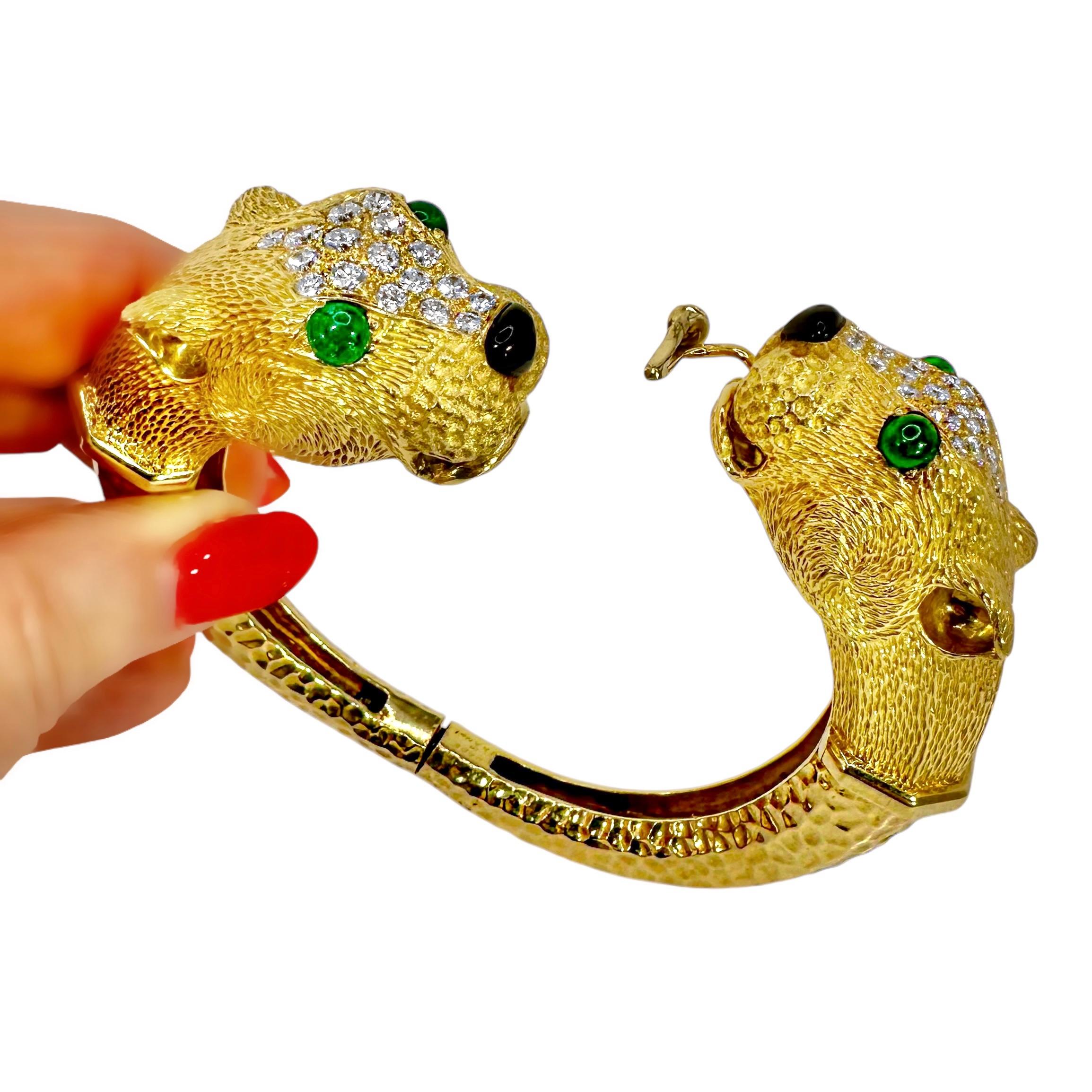 French Yellow Gold & Diamond Big Cat Double Head Cuff Bracelet With Emerald Eyes For Sale 9
