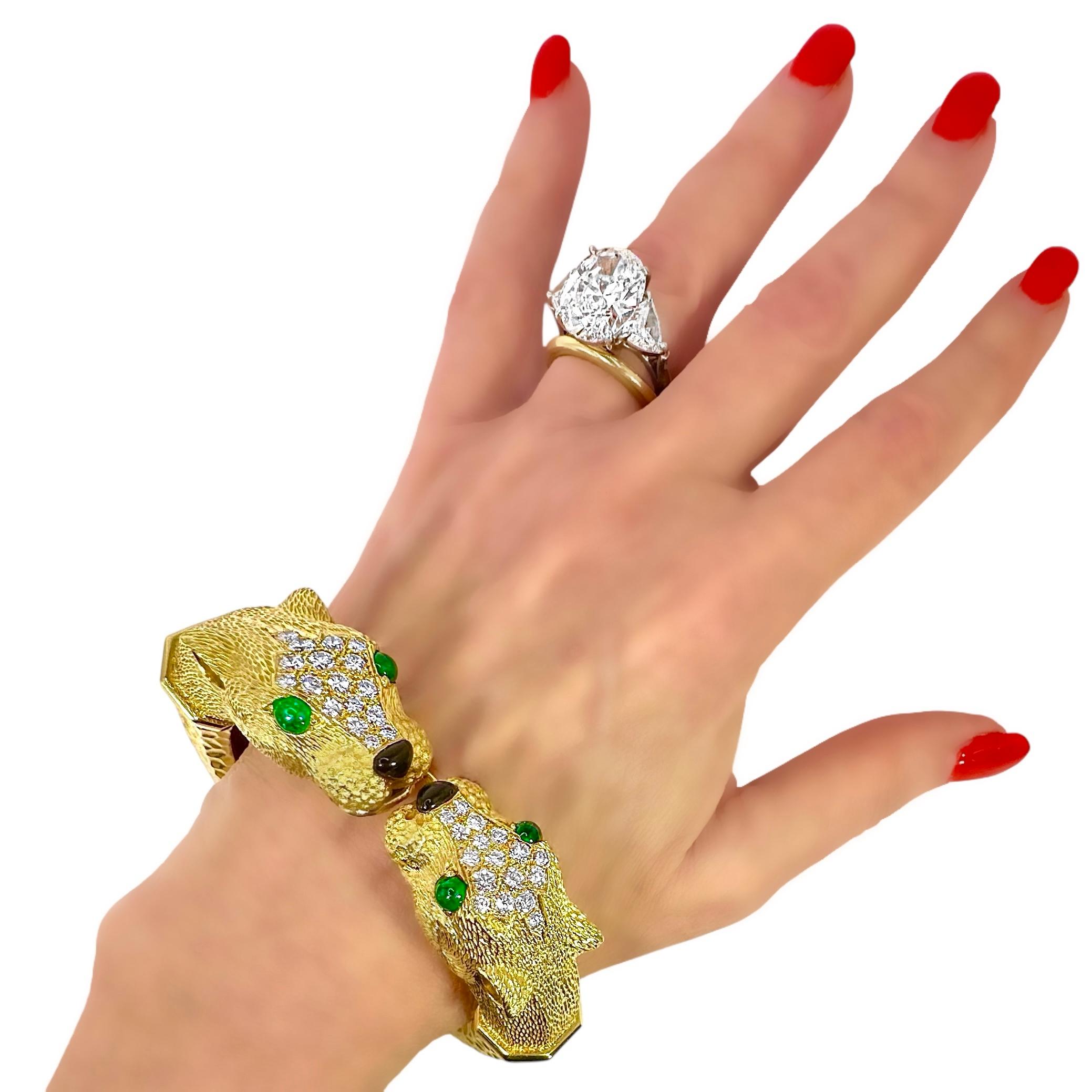 French Yellow Gold & Diamond Big Cat Double Head Cuff Bracelet With Emerald Eyes For Sale 10