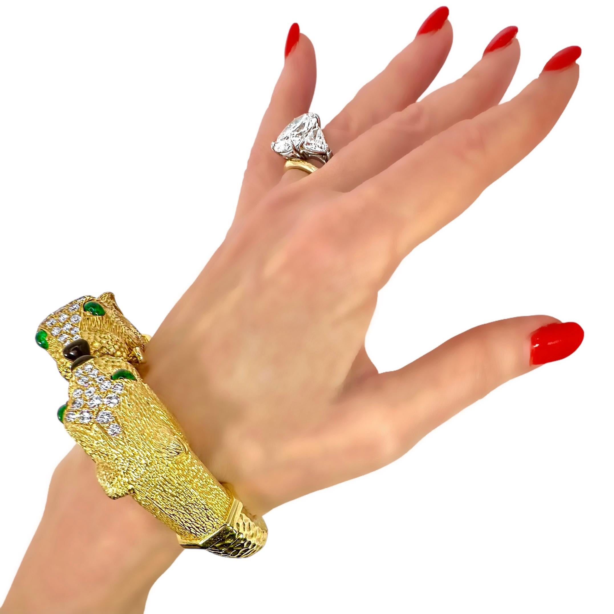 French Yellow Gold & Diamond Big Cat Double Head Cuff Bracelet With Emerald Eyes For Sale 11