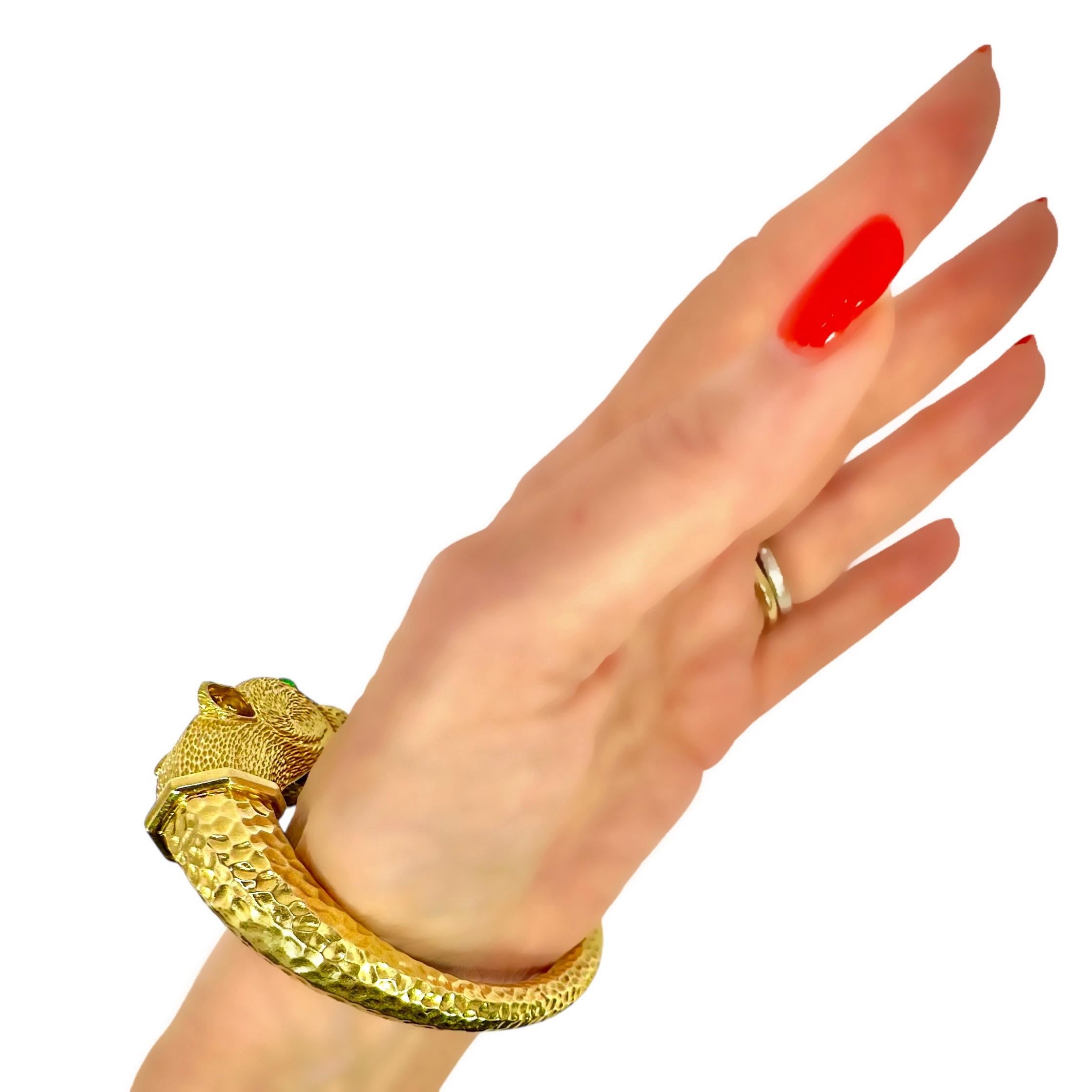 French Yellow Gold & Diamond Big Cat Double Head Cuff Bracelet With Emerald Eyes For Sale 12