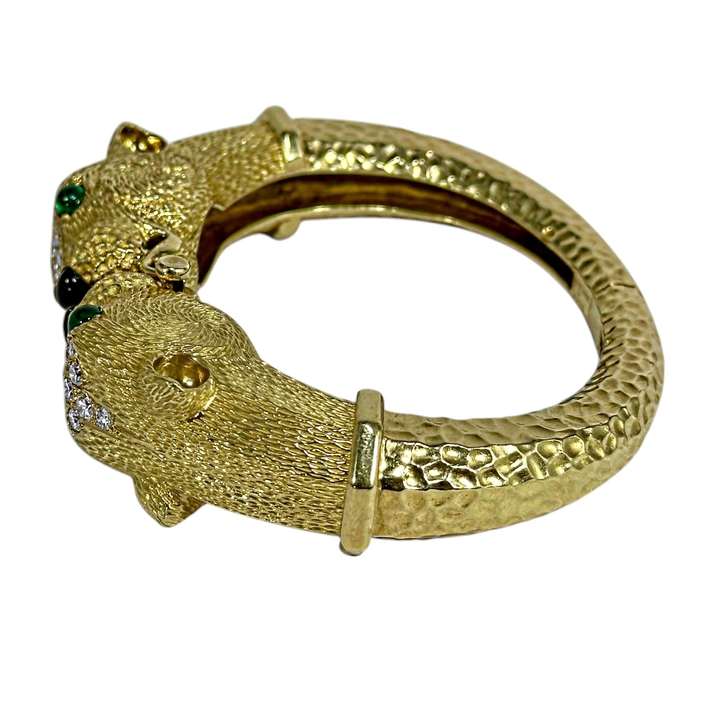 Women's French Yellow Gold & Diamond Big Cat Double Head Cuff Bracelet With Emerald Eyes For Sale
