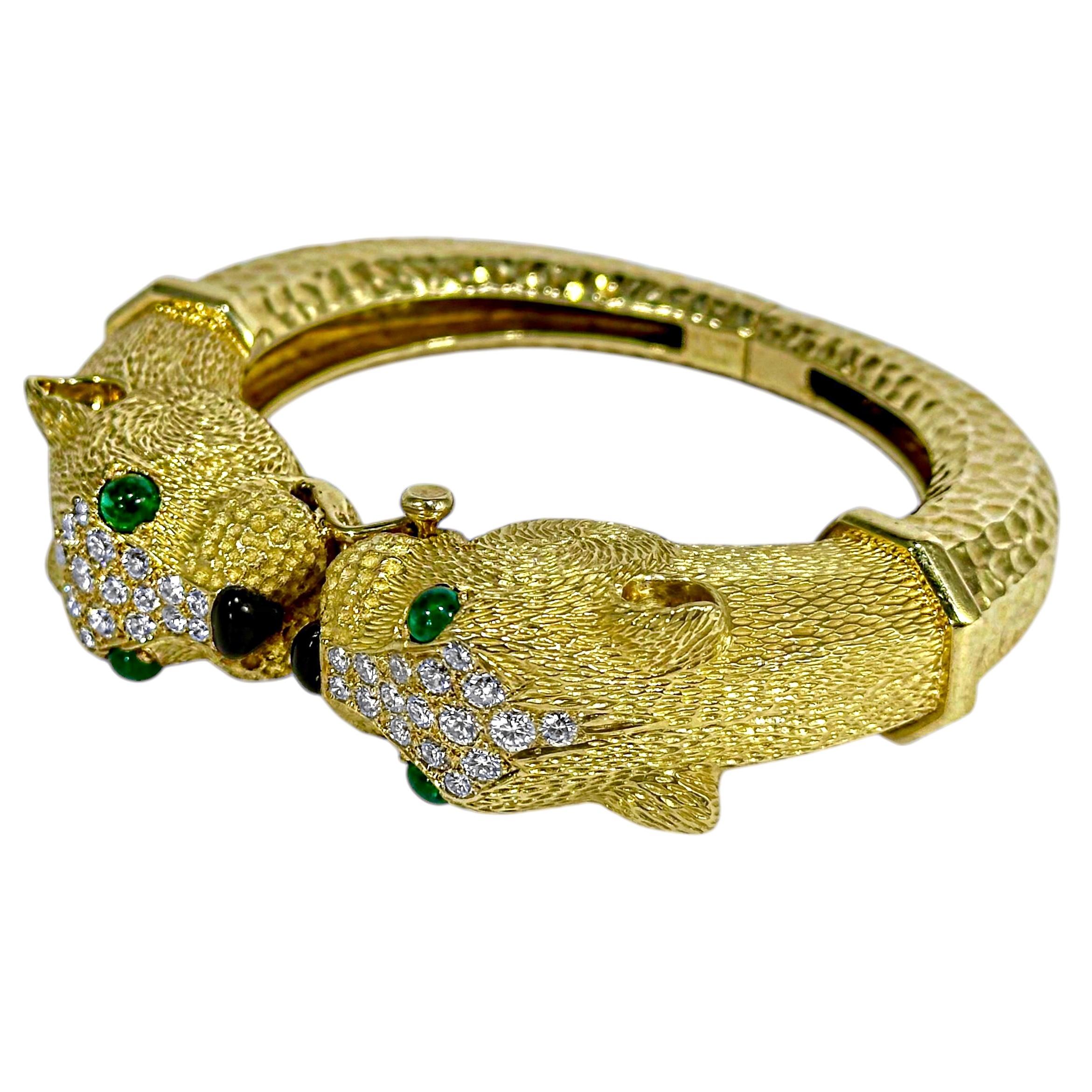 French Yellow Gold & Diamond Big Cat Double Head Cuff Bracelet With Emerald Eyes For Sale 1