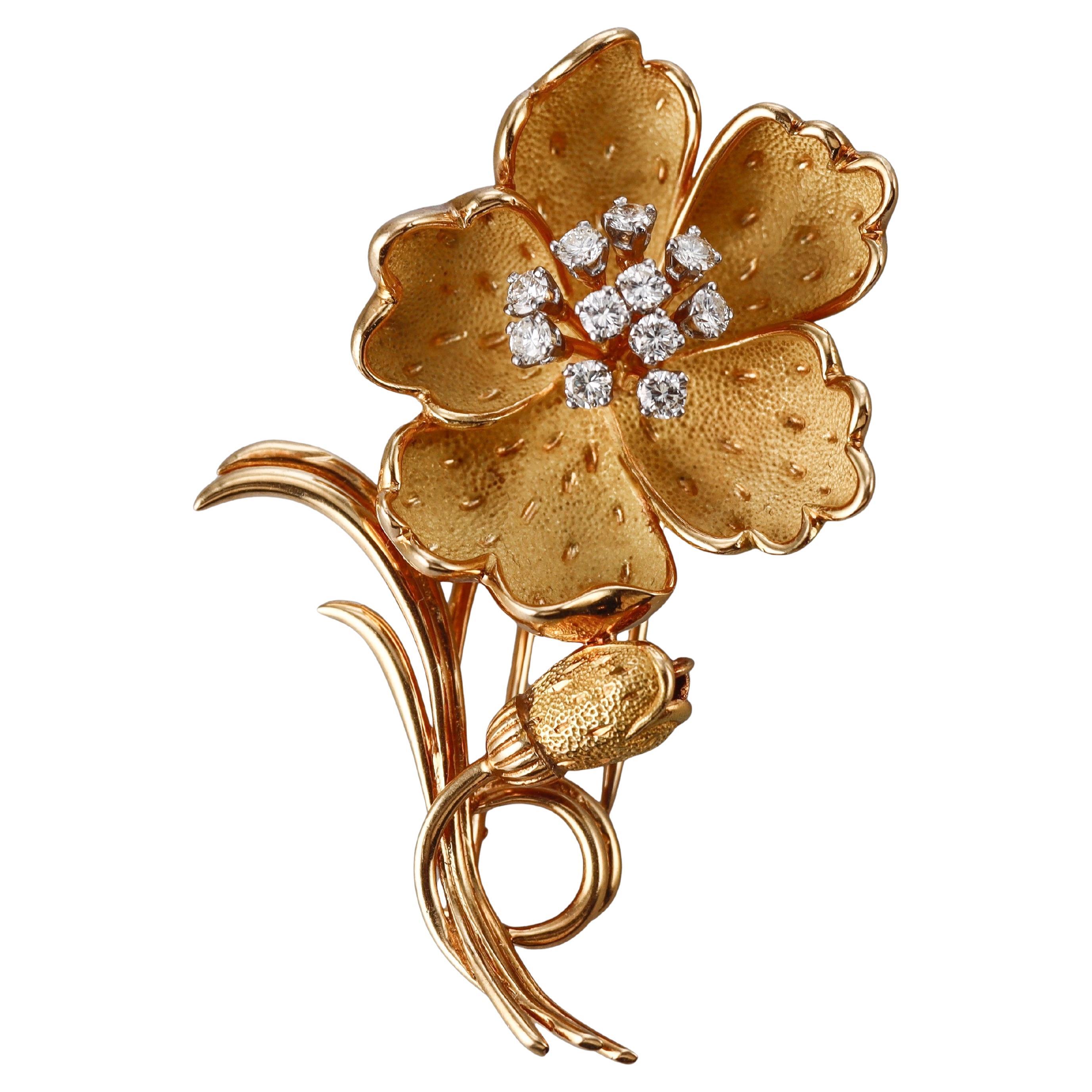 French Yellow Gold Diamond Flower Brooch