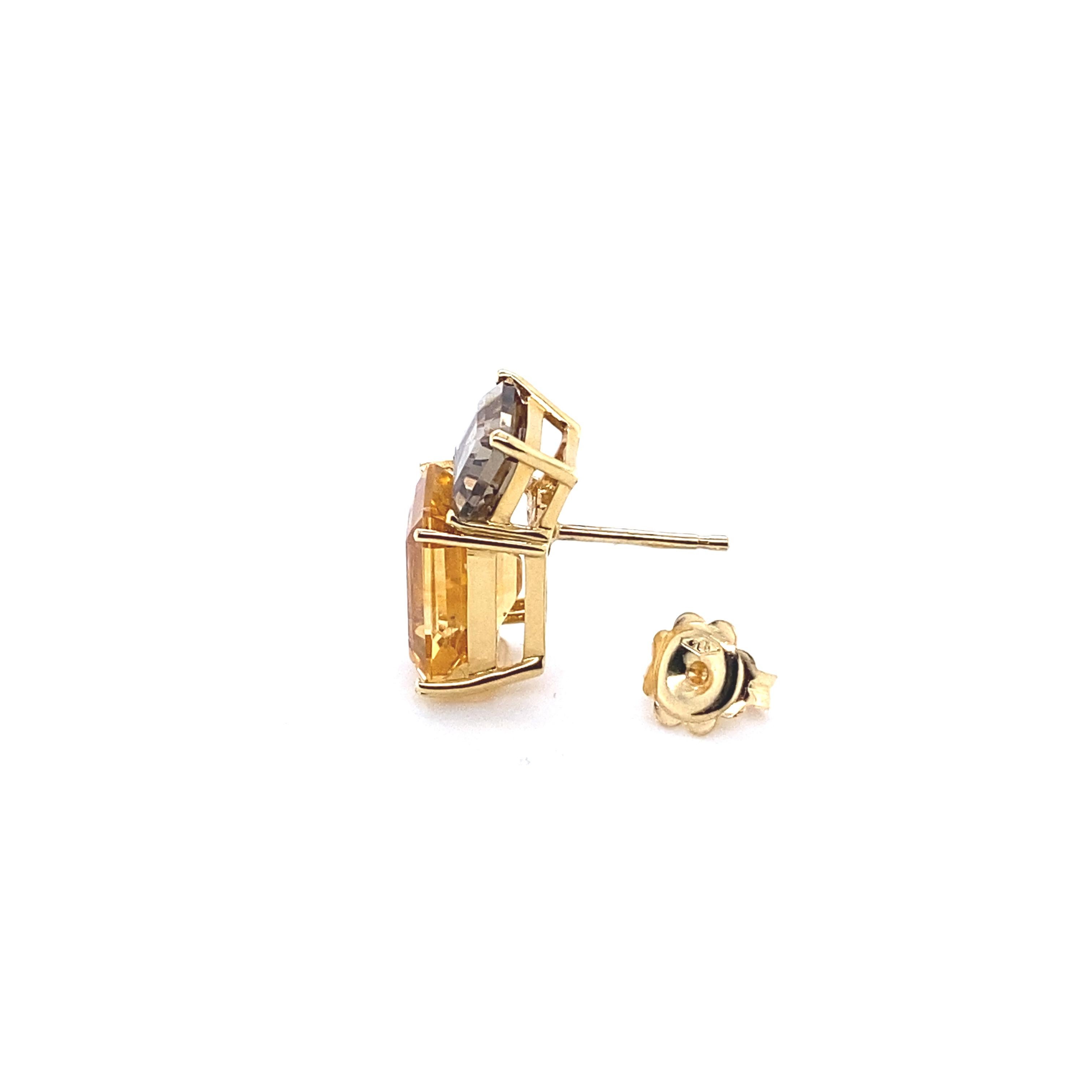 French Yellow Gold Earrings Accompanied by a Smoky Quartz with an Citrine
French Collection by Mesure et Art du Temps.

18 Karats of gold.
The smoky quartz is 0.8 cm in length and 0.6 cm in width, cut emerald.
The Citrine is 0.9 cm in length and 1.1