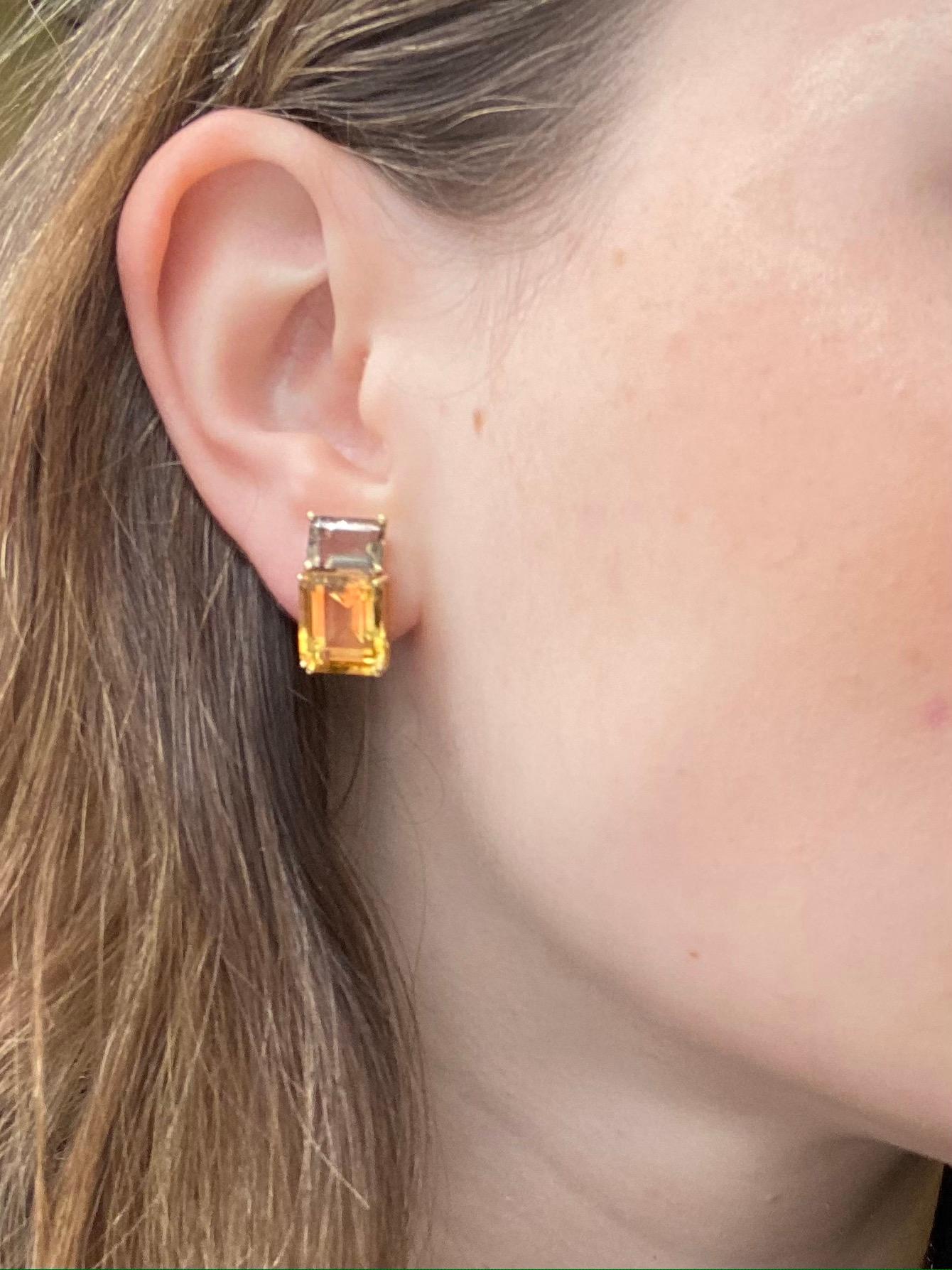 Contemporary French Yellow Gold Earrings Accompanied by a Smoky Quartz with an Citrine For Sale