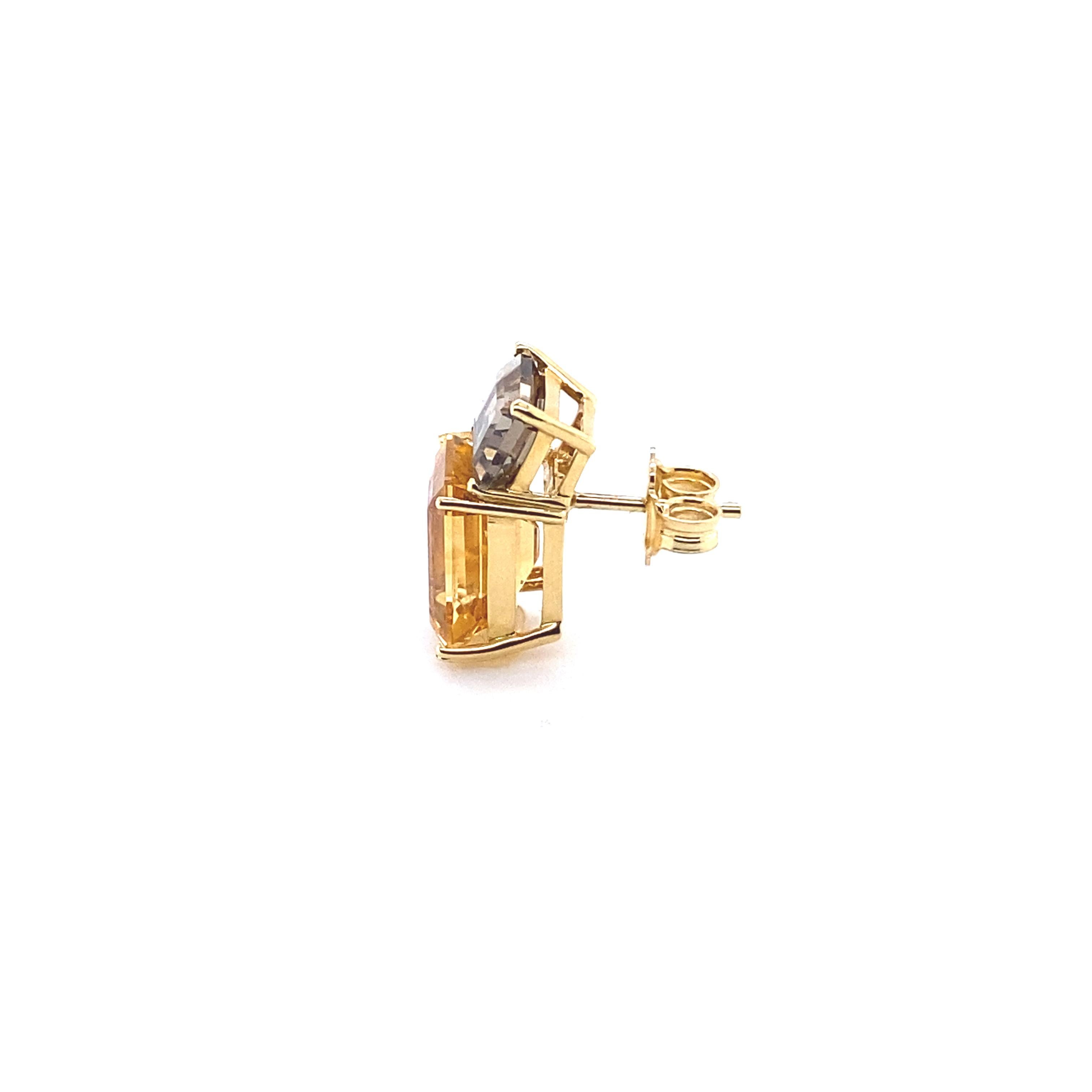 Emerald Cut French Yellow Gold Earrings Accompanied by a Smoky Quartz with an Citrine For Sale