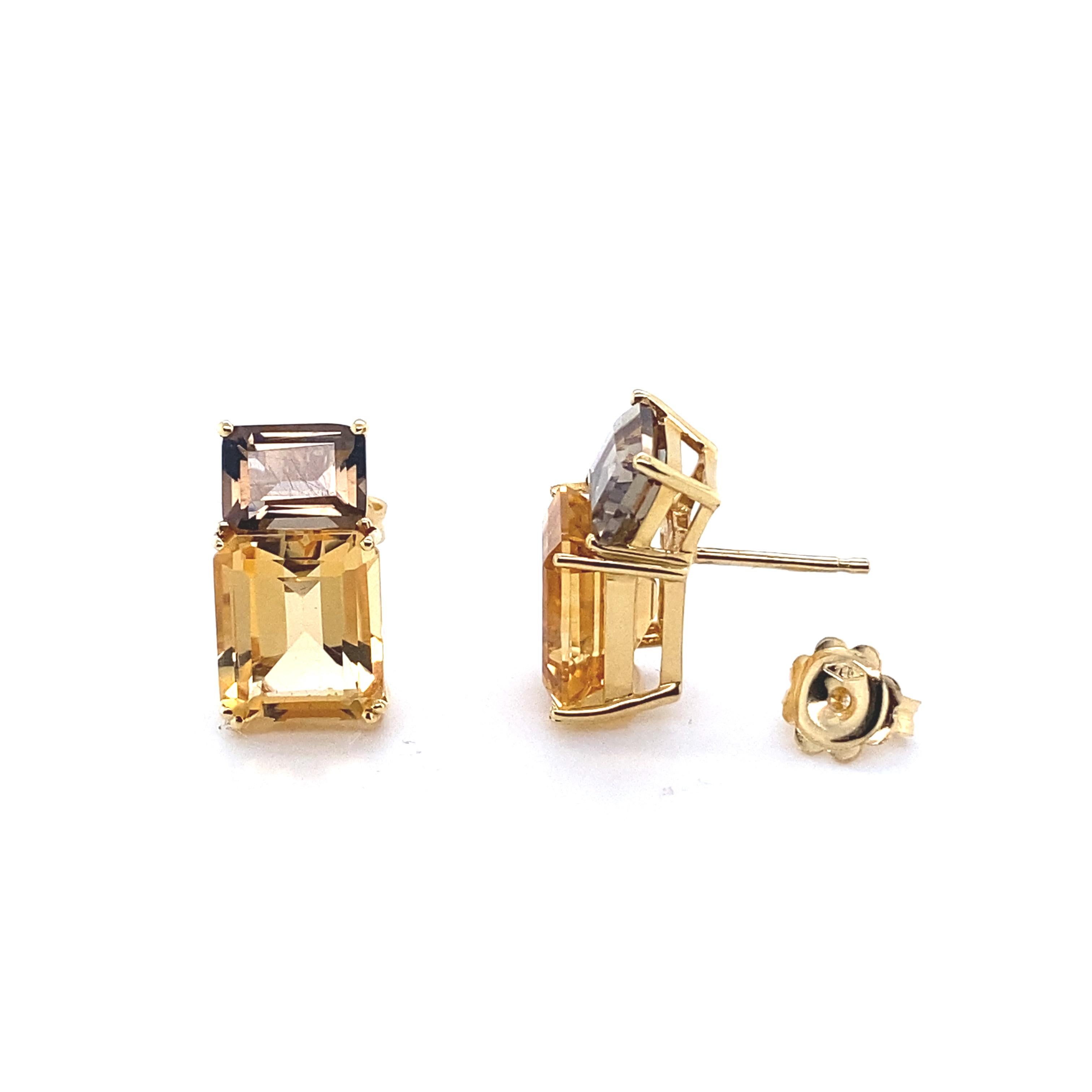 Women's French Yellow Gold Earrings Accompanied by a Smoky Quartz with an Citrine For Sale