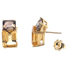 French Yellow Gold Earrings Accompanied by a Smoky Quartz with an Citrine