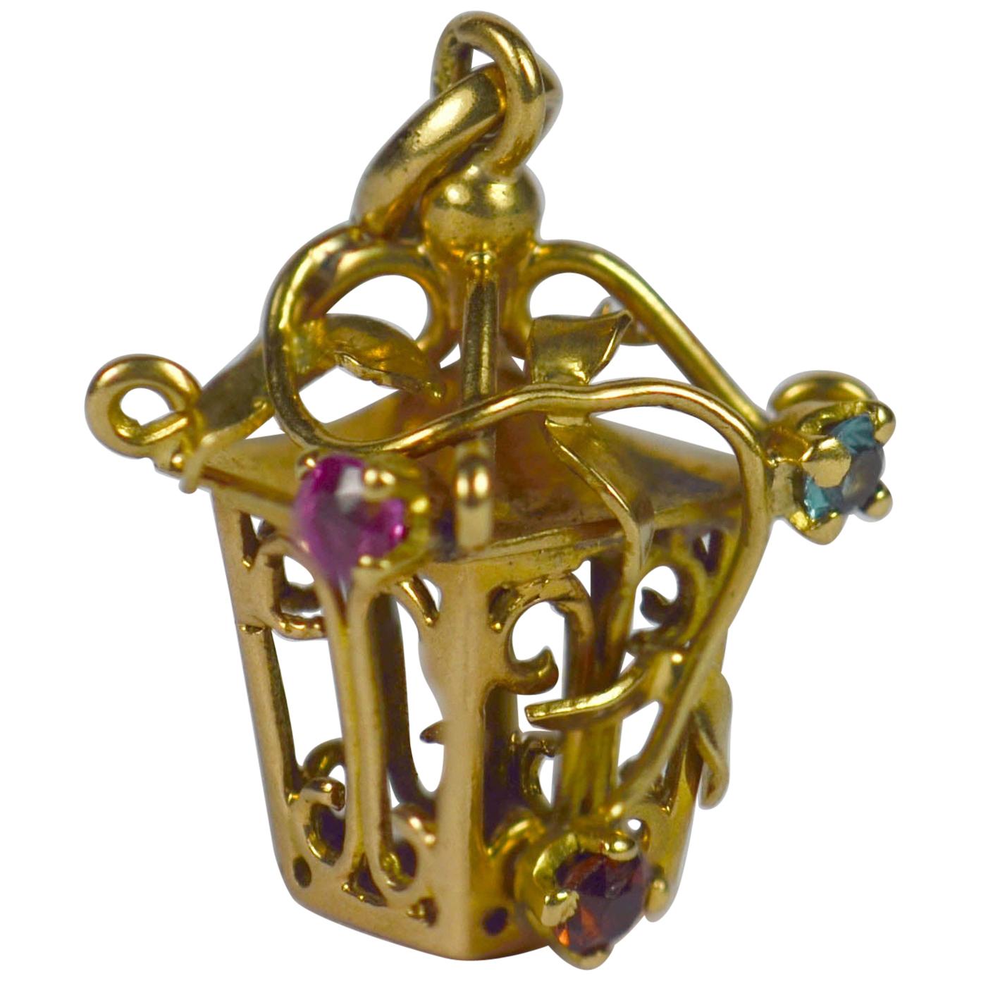 French Yellow Gold Gem Set Lantern Charm Pendant For Sale