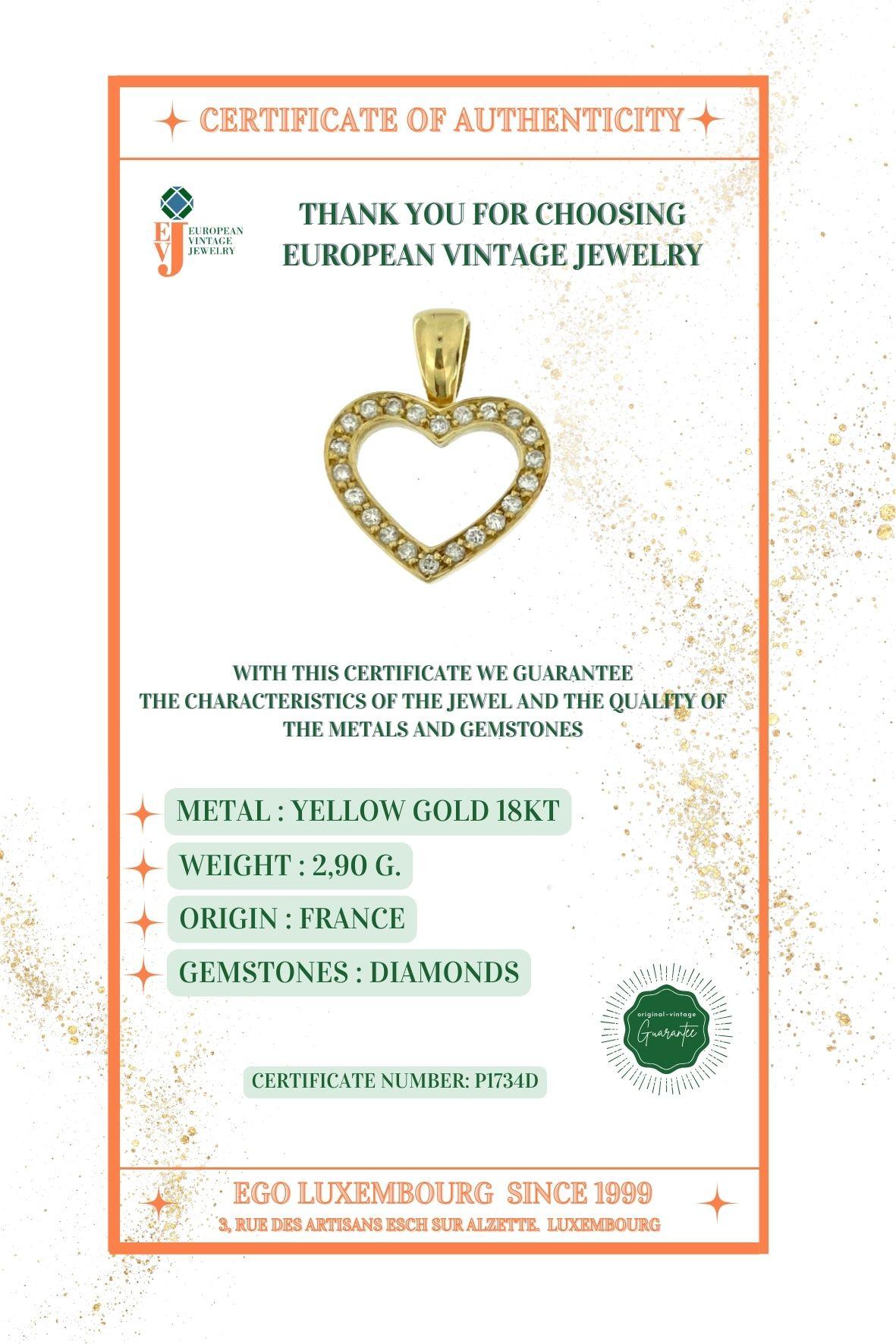 Women's or Men's French Yellow Gold Heart with Diamonds For Sale