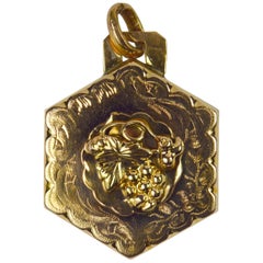 French Yellow Gold Hexagonal Grapes and Vine Charm Pendant