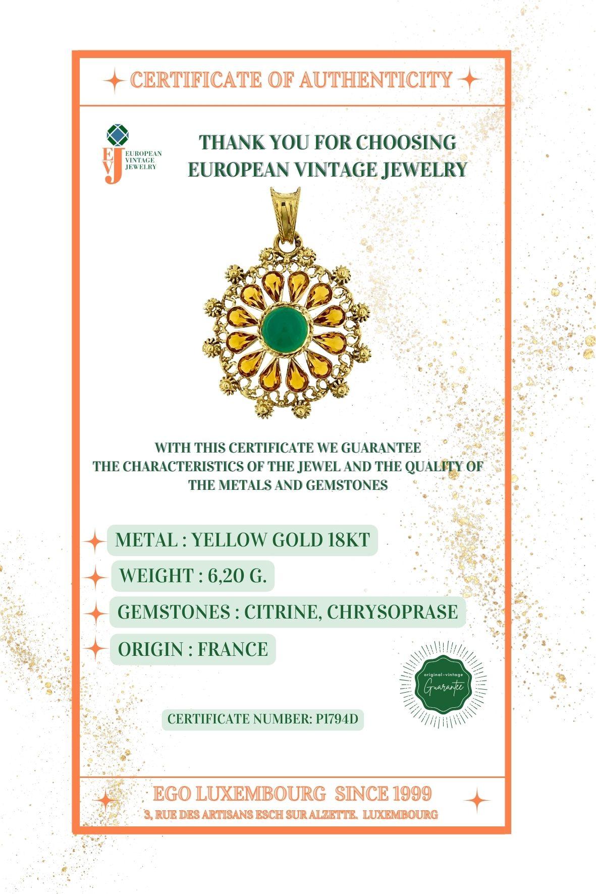 Pendentif français en or jaune avec citrines et chrysoprase en vente 5