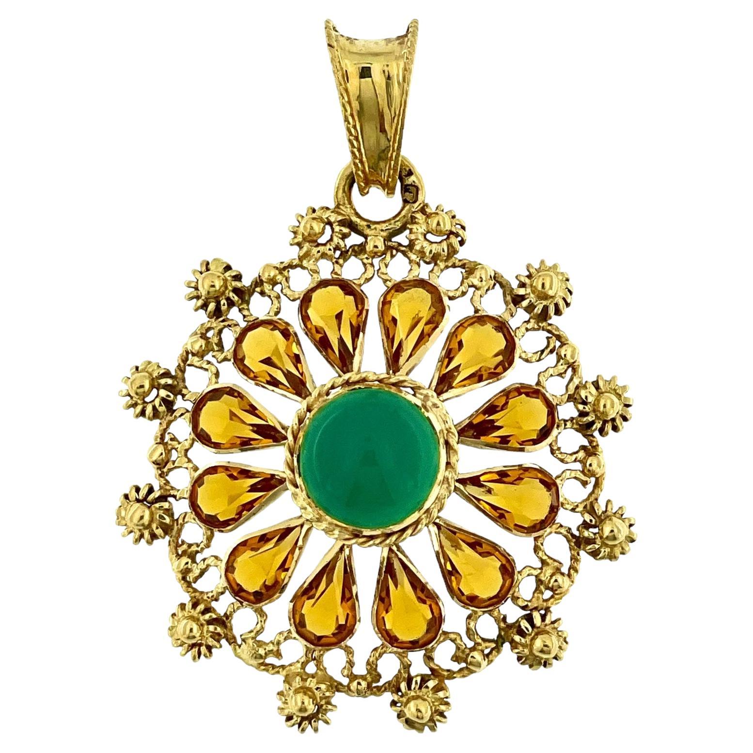 French Yellow Gold Pendant with Citrines and Chrysoprase