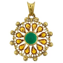 Vintage French Yellow Gold Pendant with Citrines and Chrysoprase