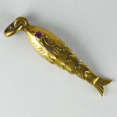 French Yellow Gold Red Ruby Articulated Fish Charm Pendant