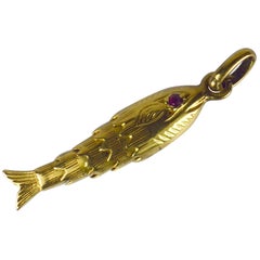Vintage French Yellow Gold Red Ruby Articulated Fish Charm Pendant
